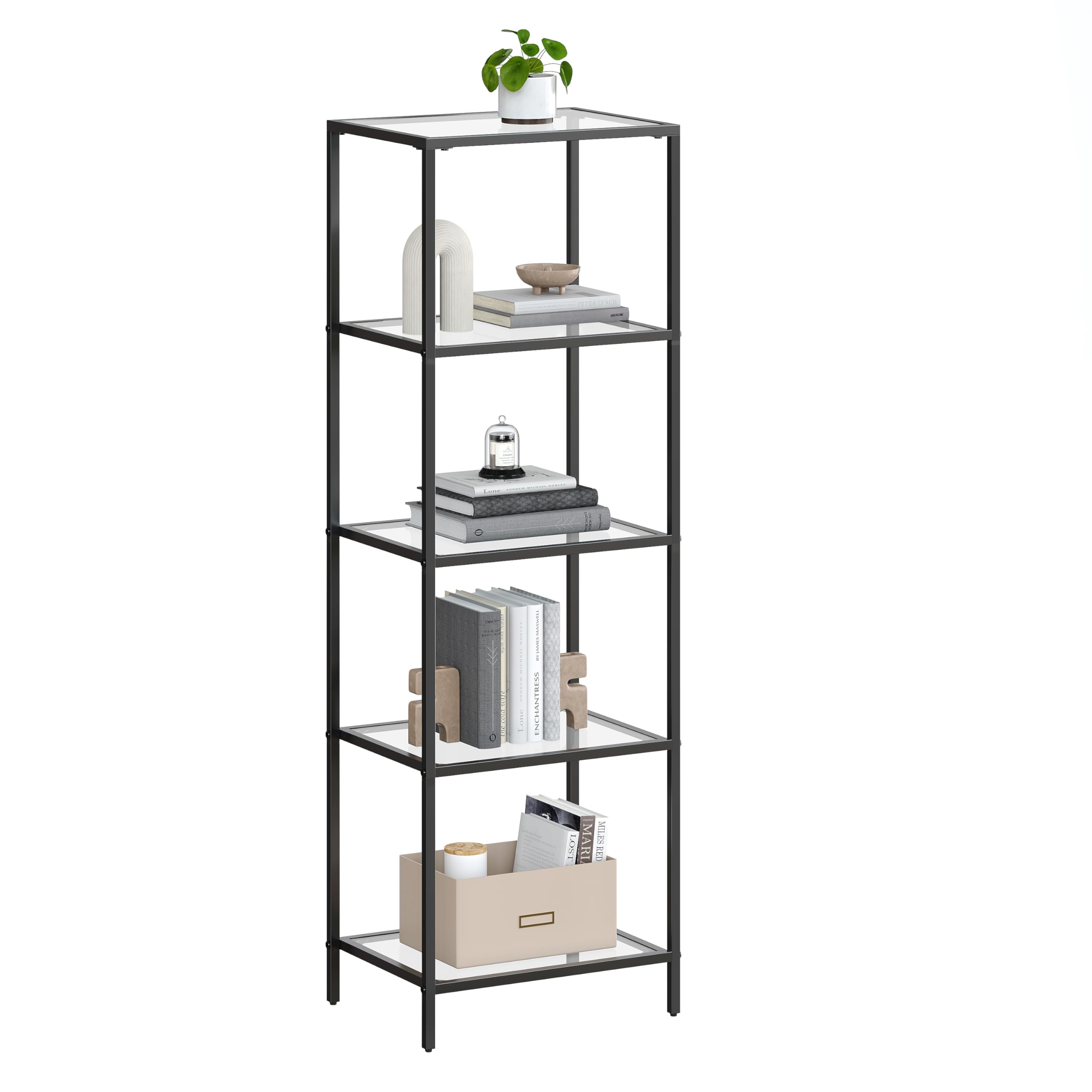 VASAGLE Bookcase, 5-Tier Bookshelf, Slim Shelving Unit for Bedroom, Bathroom, Home Office, Tempered Glass, Steel Frame, Ink Blac