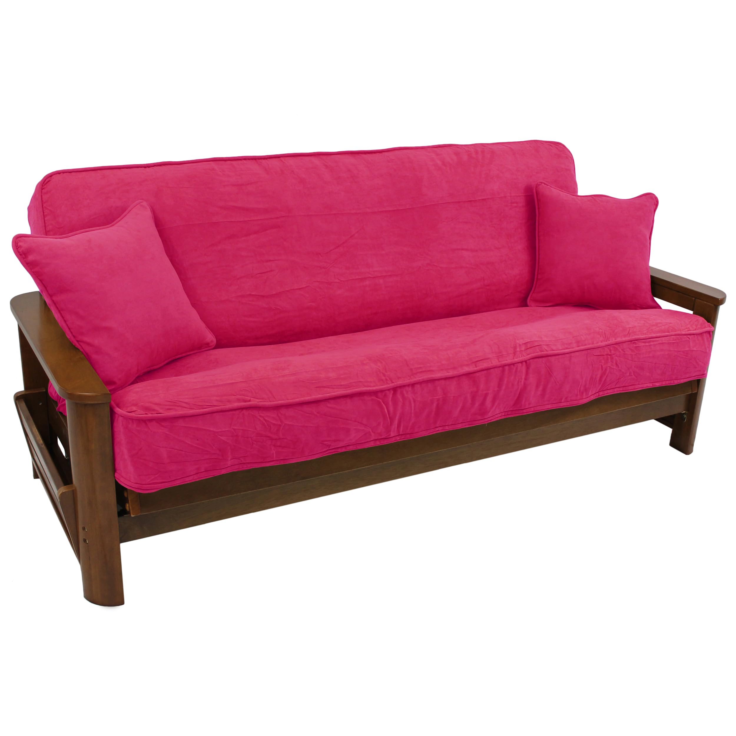 Blazing Needles Solid Microsuede Double Corded 8 to 9 Futon Cover Set with 2 Throw Pillows (Set of 3), Full, Berry Berry