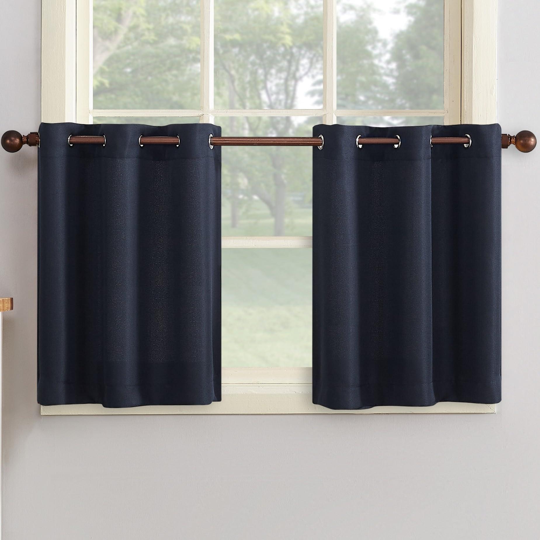 No. 918 Montego 2-Pack Casual Textured Semi-Sheer Grommet Kitchen Curtain Tier Pair, Navy Blue, 56L x 24W (2 Panels)
