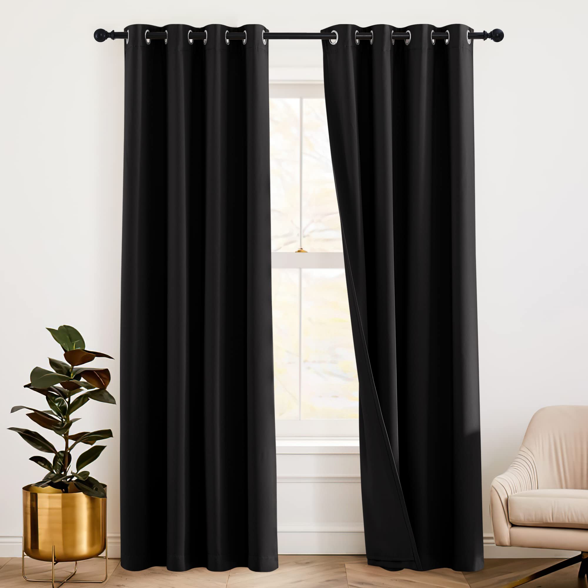 RYB HOME Soundproof Blackout Thermal Insulating 3 in 1 Set Curtains 3 Layers Heavy Grommet Drapes for Bedroom Living Room Divide