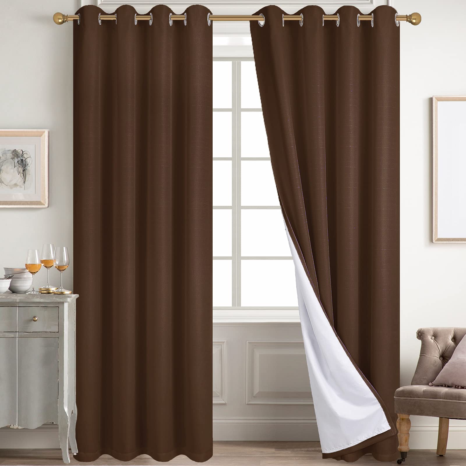 Diraysid 100% Blackout Curtains Chocolate Brown Linen Curtains for Bedroom Grommet Thermal Insulated Room Darkening Drapes (2 Pa