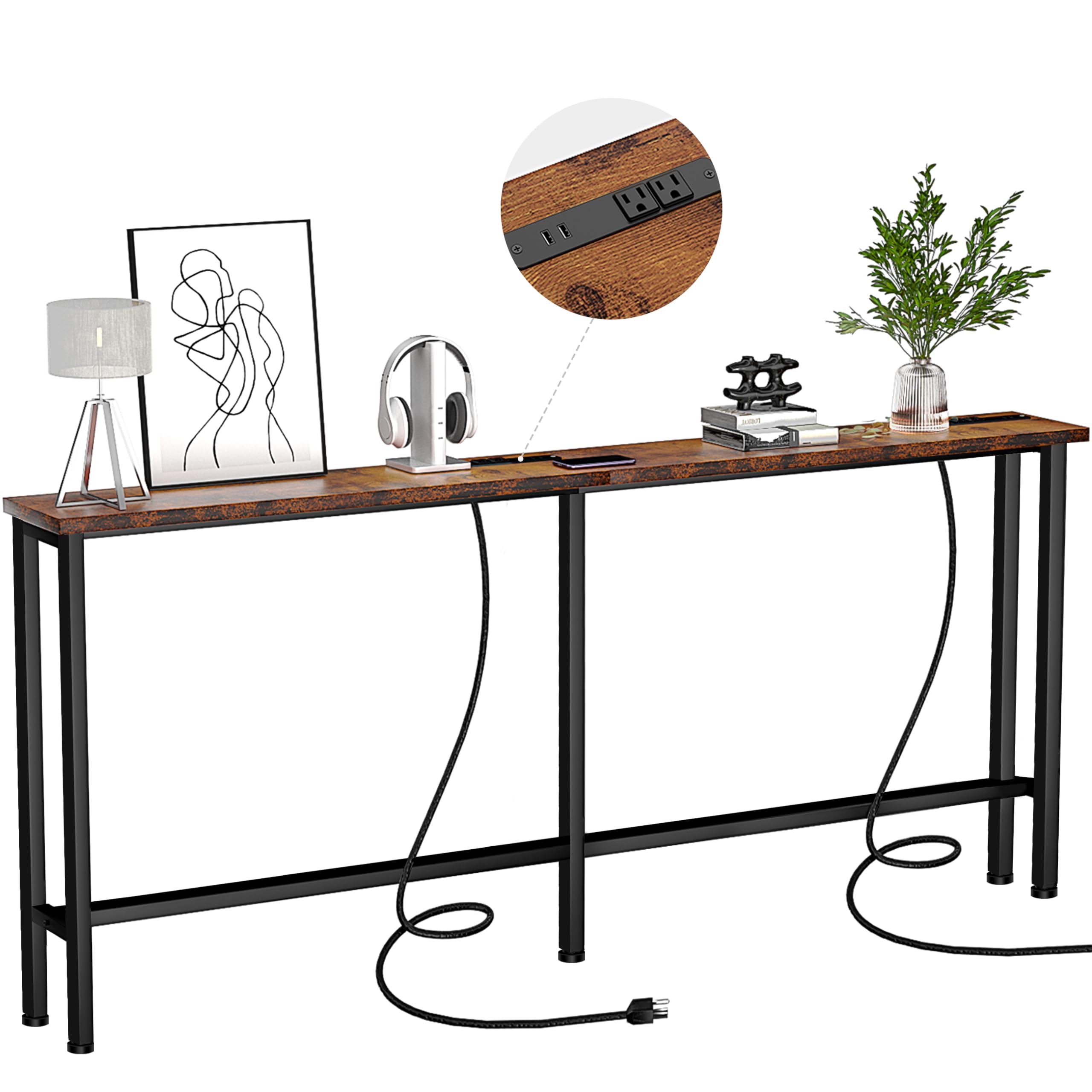 Keelian 70 Narrow Console Sofa Table - 2 Power Outlets & 2 USB Ports, Metal Frame, Rustic Brown, Perfect for Hallway, Office, an