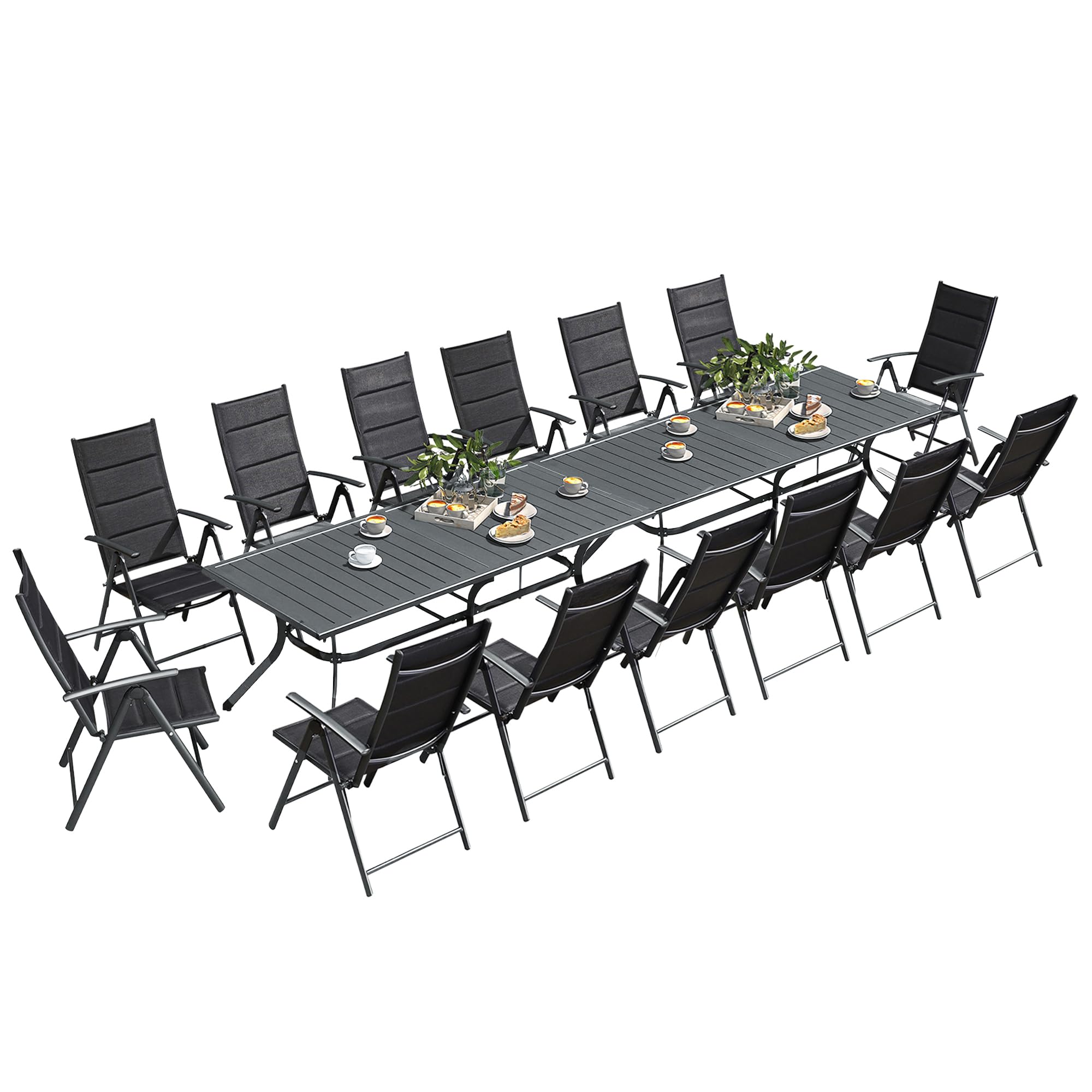 PURPLE LEAF 16 Pieces Outdoor Dining Set with 2 All-Aluminum Black Slat Table and 14 Padded Folding Chairs Patio Dining Furnitur