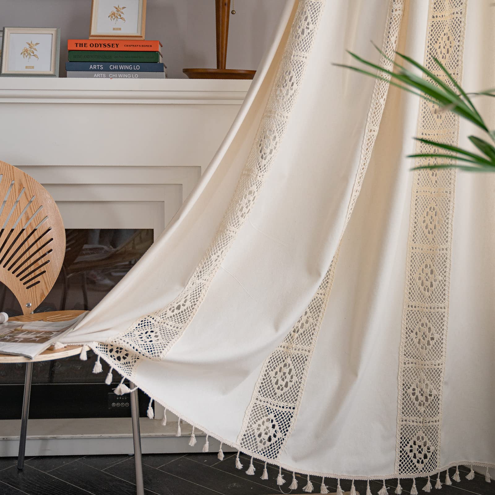 Sutuo Home Boho Curtain Crochet Lace Patchwork Semi-Blackout Bohemian Handmade Tassels, Rod Pocket Window Treatment Vintage Rust