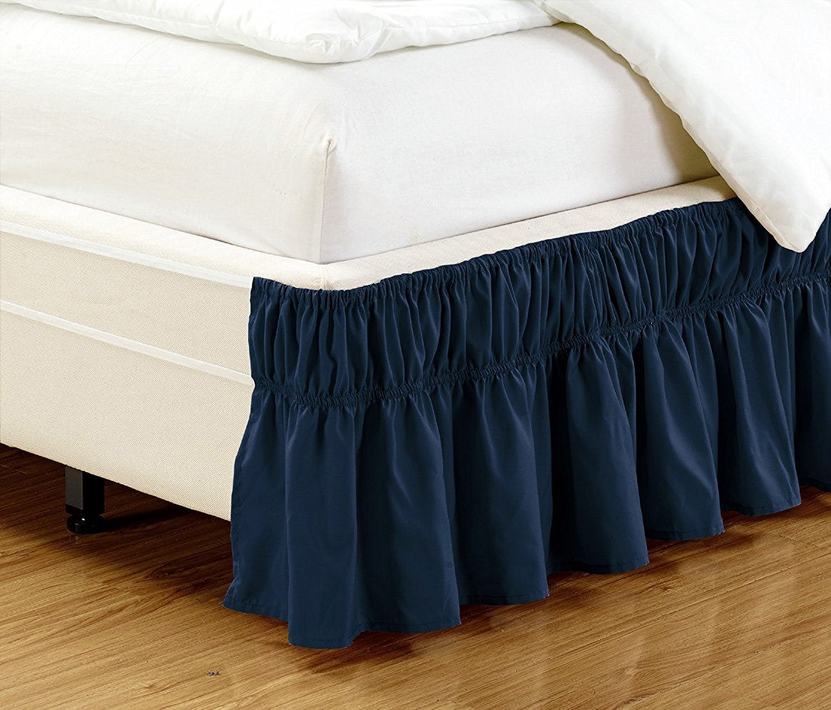 Fancy Collection Queen - King Easy Fit Bed Ruffle wrap Around Elastic Bed Skirt with 17 Drop New Easy Install Solid Navy Blue Ne