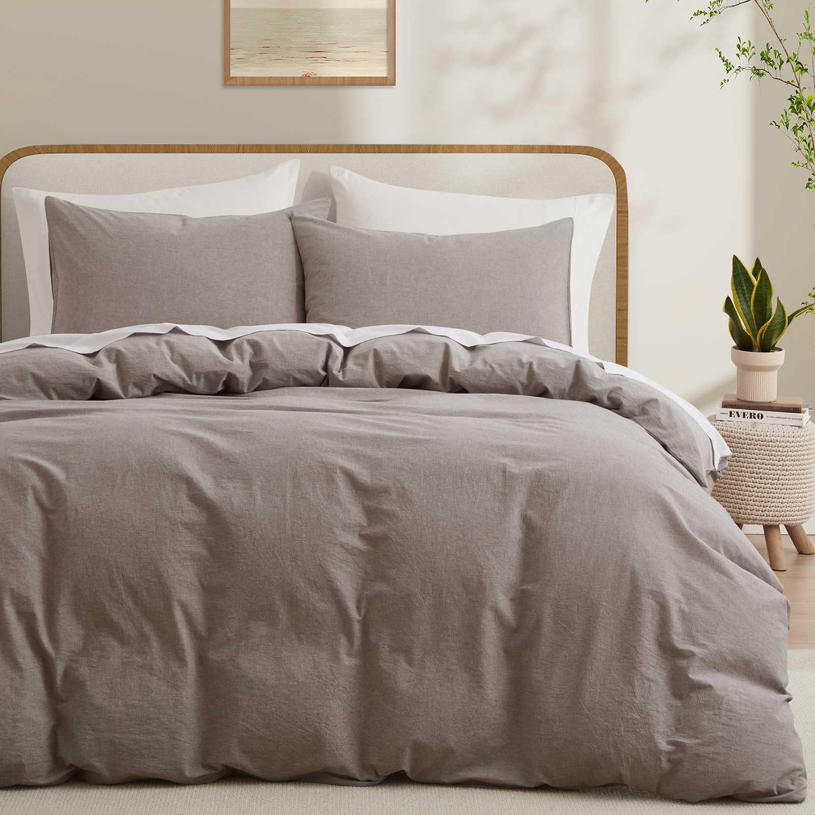 100% Cotton Duvet Cover Set Twin Size, Mauve Brown Linen-Like Natural Bedding Set with Zipper Closure (No Comforter), Twin Size,