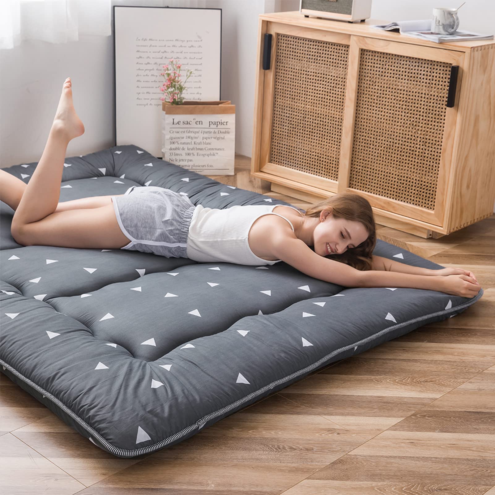 Grey Triangle Japanese Floor Futon Mattress, Tatami Floor Mat Portable Camping Mattress Kids Sleeping Pad Foldable Roll Up Floor