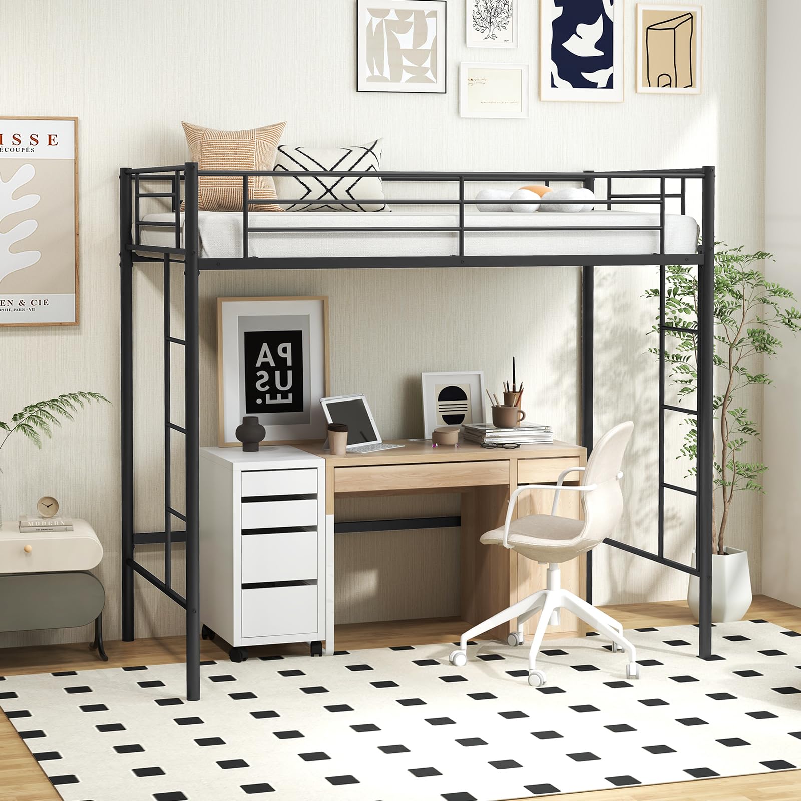 KOMFOTT Metal Loft Bed Frame Twin Size, Heavy-duty Steel Slats Support Loft Bed with Both Side Ladders & Guardrails, Space-Savin