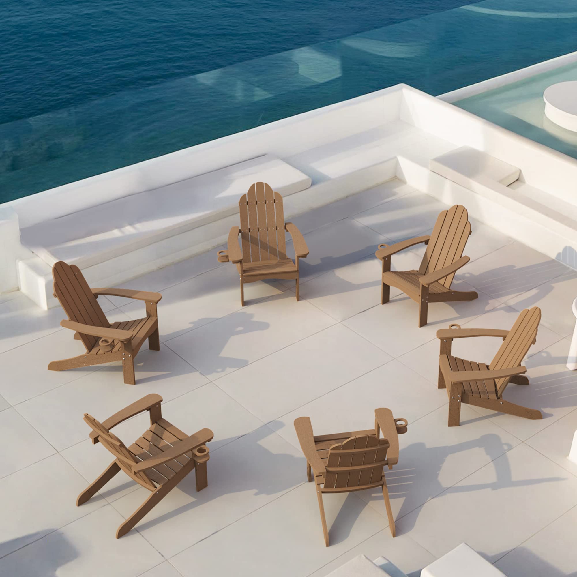 LUE BONA HDPS Adirondack Chairs Set of 6, Brown Adirondack Chairs with Cup Holder, 300lbs Modern Adirondack Chair Weather Resist