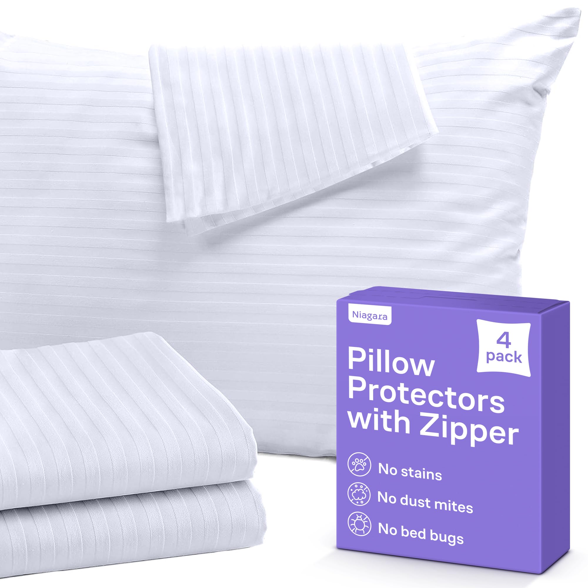 Set of 4 Pillow Protectors with Zipper Standard Size - 100% Resistant to Stains, Dust & Dirt - Washable Covers for Increased Pil