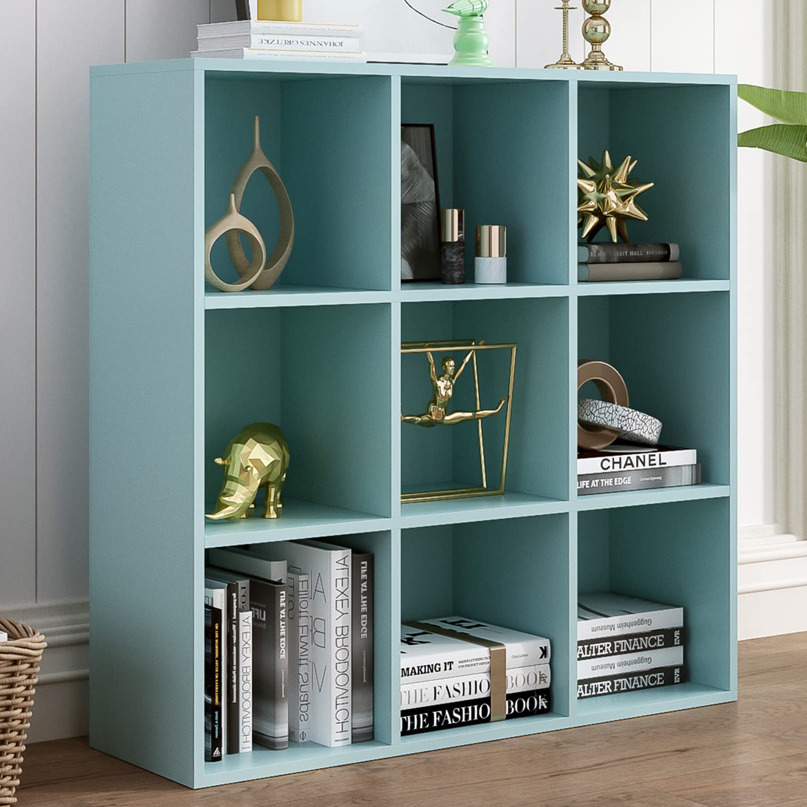 OSCHF 9-Cube Storage Shelf Bookcase - Wooden 3-Tier Floor Standing Open Bookshelf for Home and Office, Display Cabinet, Light Bl