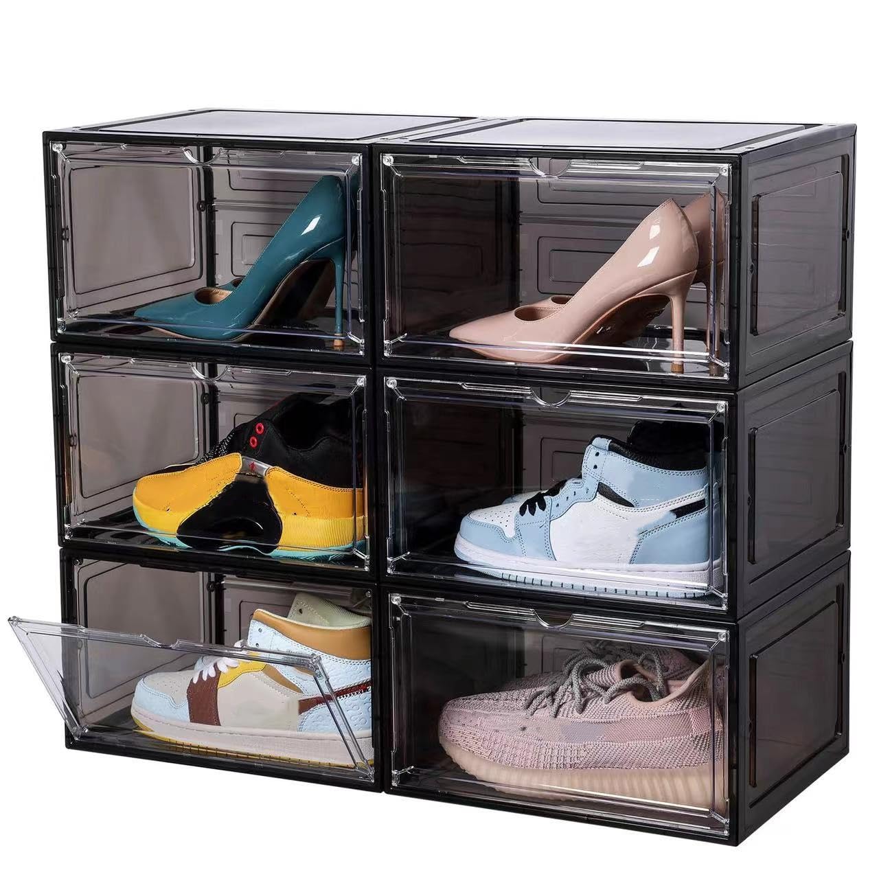 Attelite Large Clear Shoe Box Organizer,Plastic Stackable Shoe Storage Box with Magnetic Door, Large Clear Door Shoe Containers 