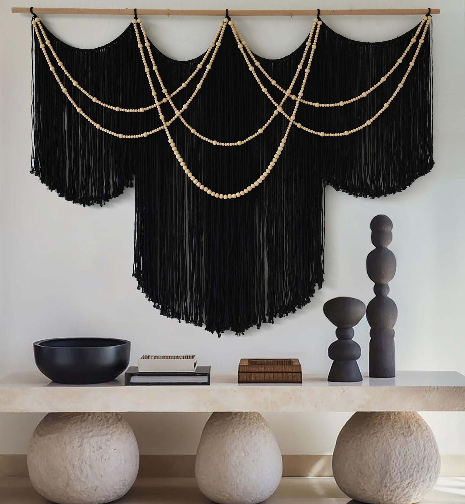 Macrame Wall Hanging Black Yarn Tapestry Home Decor Large Fiber Wall Art Living Room Bedroom Home Wall Decor 57 W x 43 L