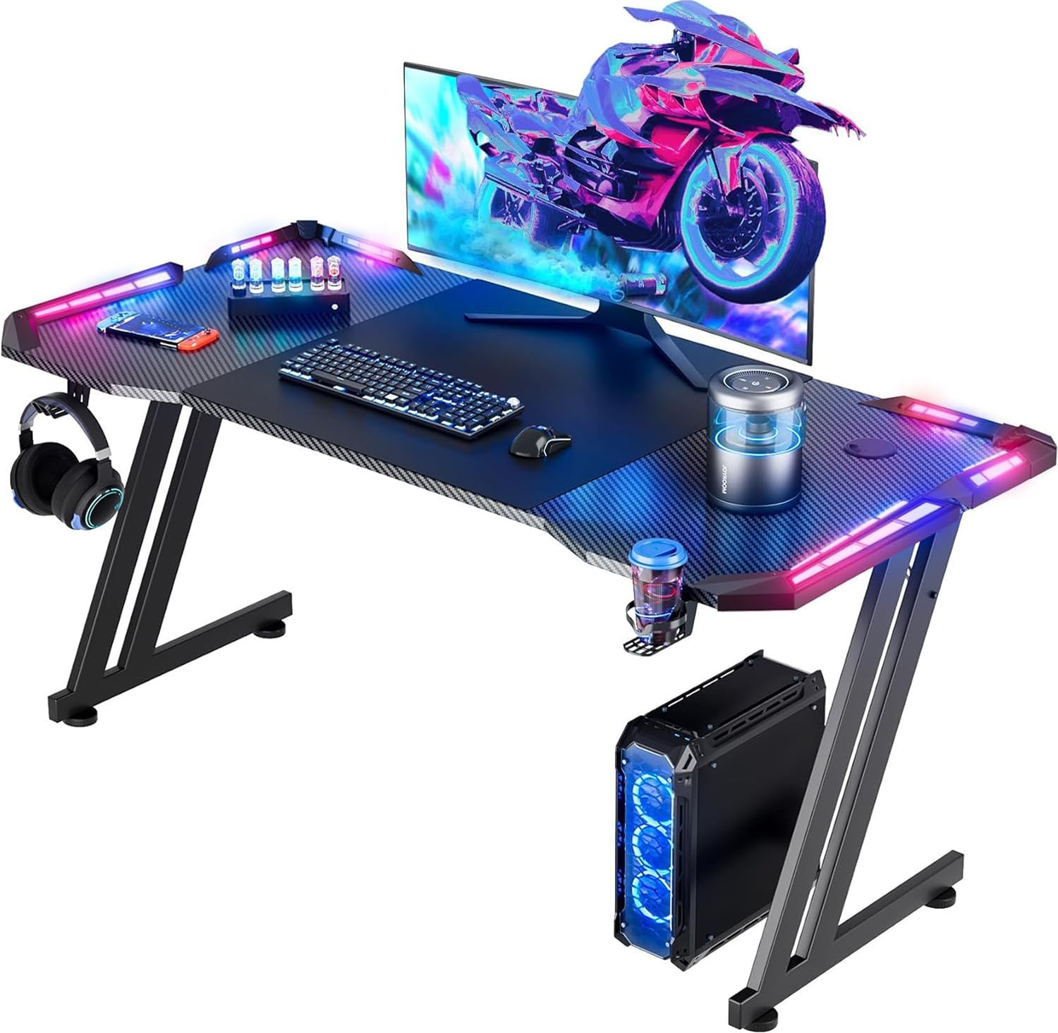 HLDIRECT 55 Inch Gaming Desk with LED Lights Carbon Fibre Surface Gaming Table Large Computer Desk Ergonomic Home Office Desks Z