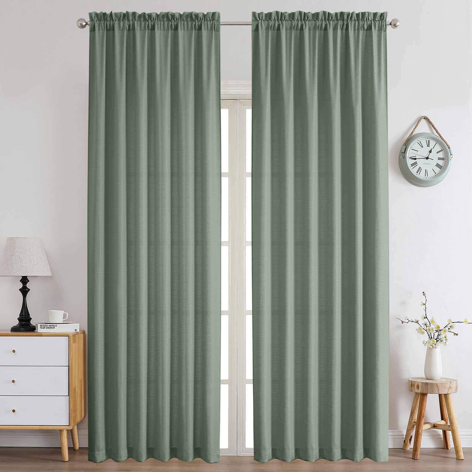 Chyhomenyc Sage Green Curtains 120 Inch Length 2 Panels Set, Faux Linen Textured Semi Light Filtering Soft Airy Farmhouse Curtai