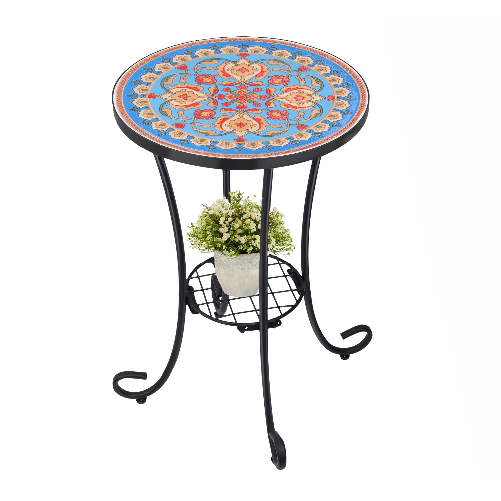 VCUTEKA Outdoor Side Table Mosaic Patio Table Accent Table Mosaic Tile Top Metal Frame Small End Table Porch Beach Patio Garden 
