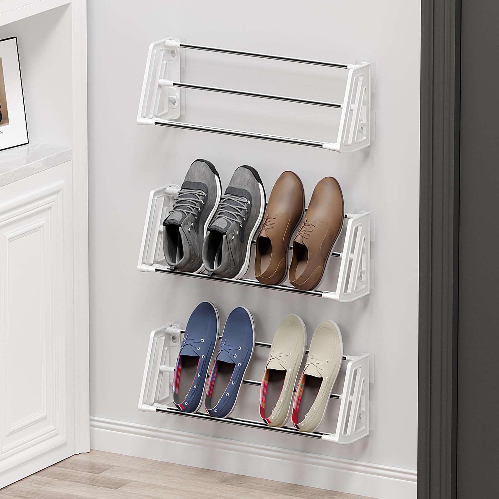 DEYILIAN Wall Mounted Shoe Rack, 3 Pack Wall Shoe Rack Holds 6 pairs of shoes with Sticky Adhesive Strips Slim Shoe Rack shoe or