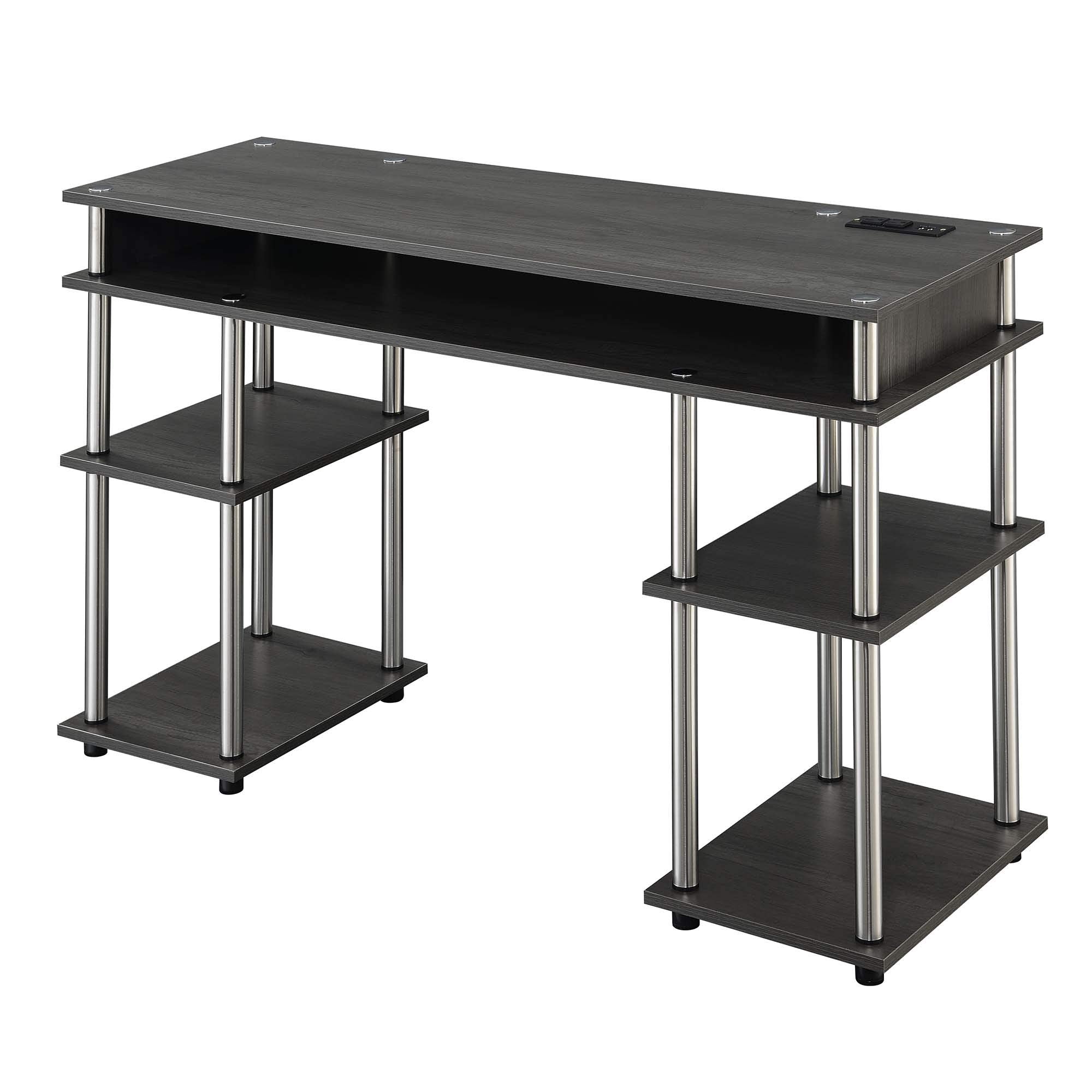 Convenience Concepts Designs2Go Tools Student Desk with Charging Station and Shelves, 47.25 L x 15.75 W x 30 H, Charcoal Gray