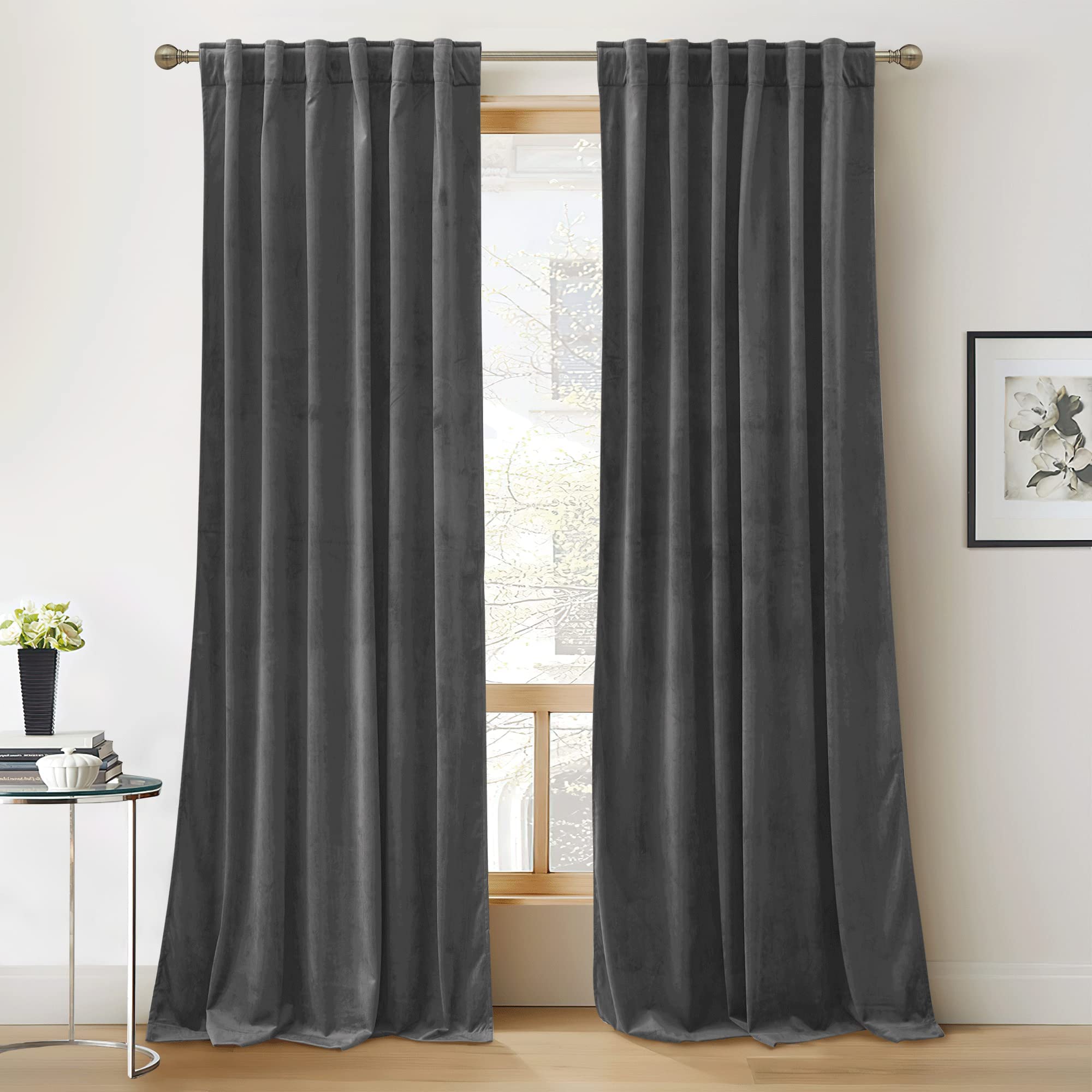 RYB Home Back Tabs Velvet Curtains for Living Room 108 inches - Classic Grey Window Drapes Room Darkening Thermal Insulated Pane