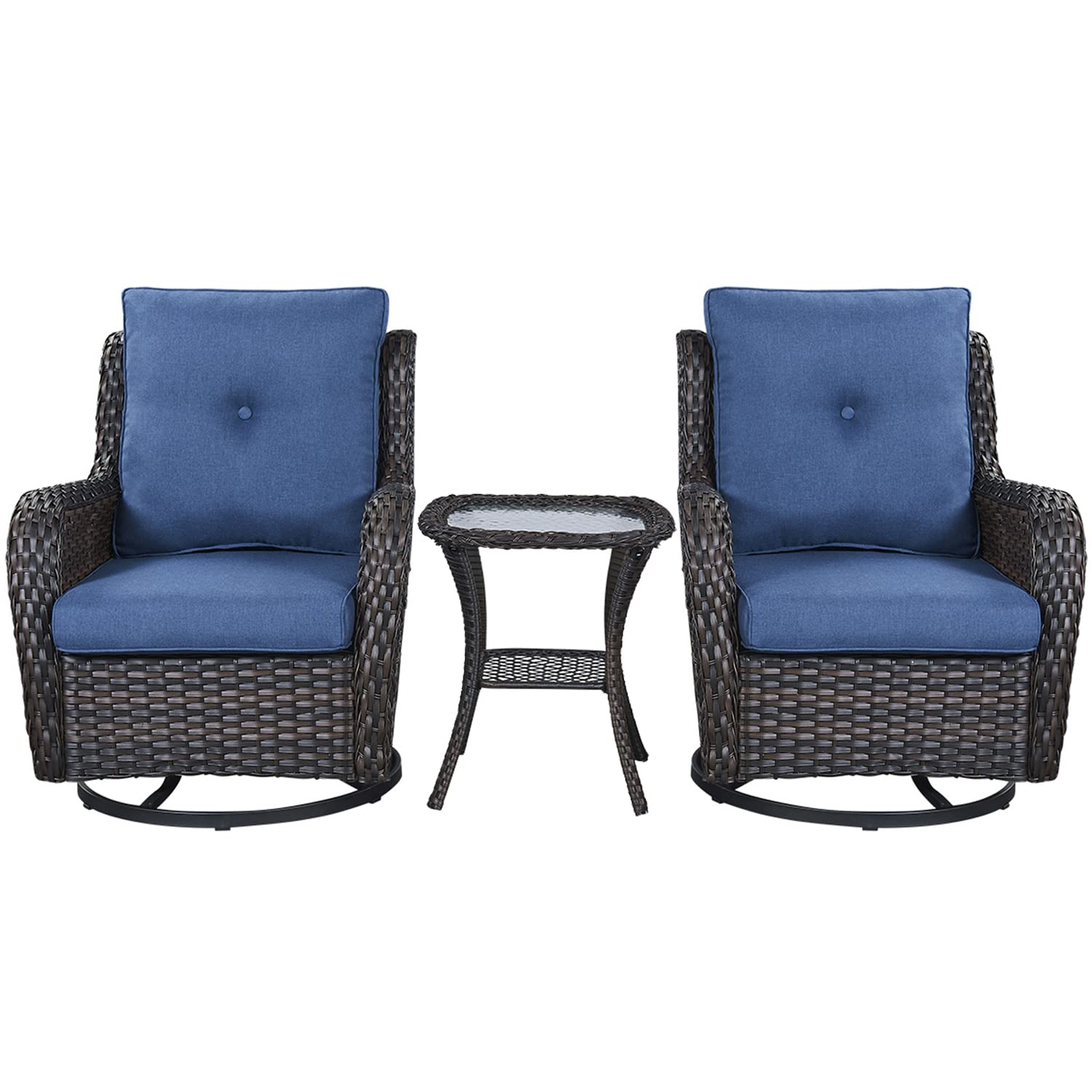 Rilyson Wicker Rocking Chair Swivel Chairs - 3 Piece Rocker Patio Furniture Set Rattan Rocking Bistro Sets with Glass Top Side T