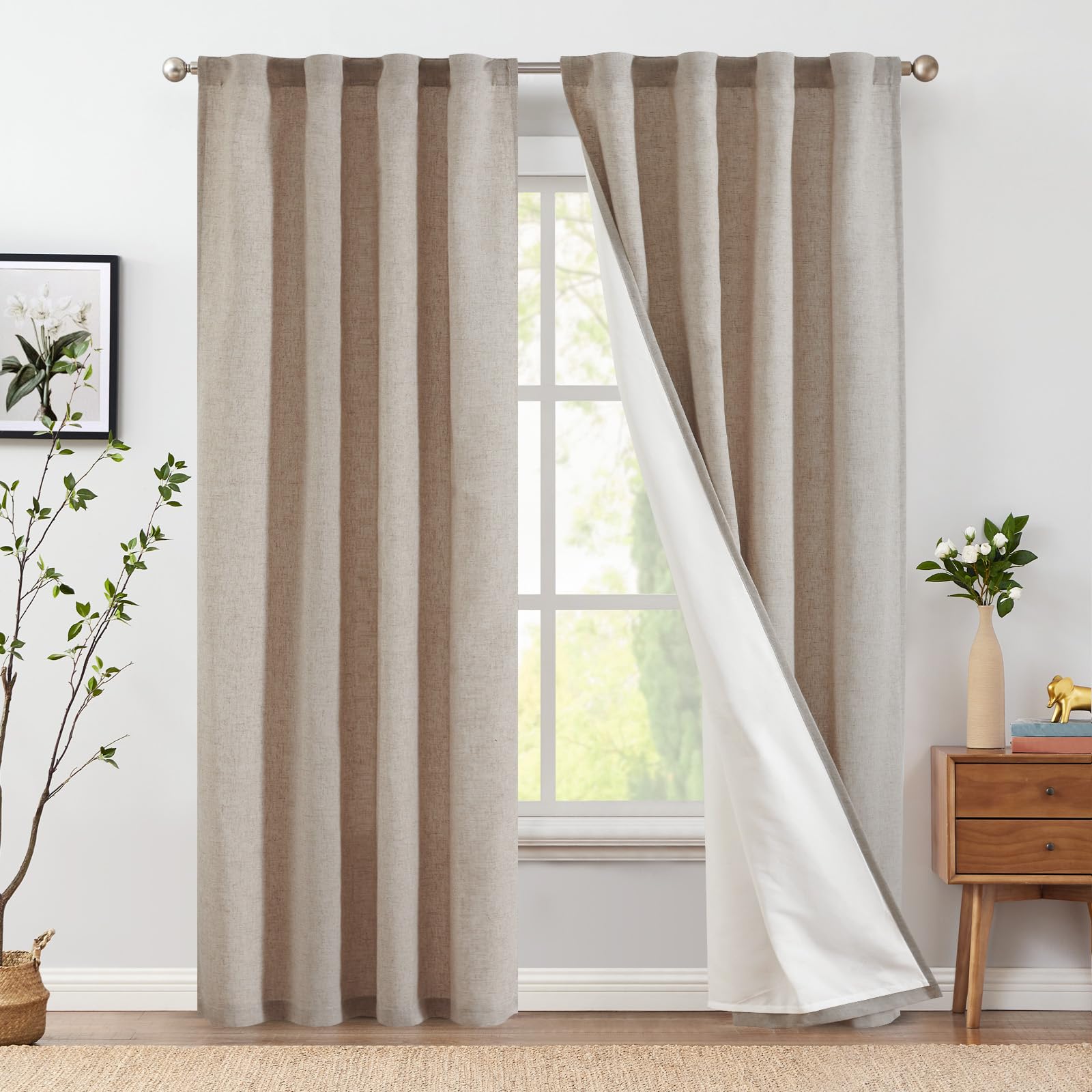 jinchan Linen Taupe Curtains 90 Inch Long for Living Room Farmhouse Rod Pocket Back Tab Light Filtering Window Drapes with Lined