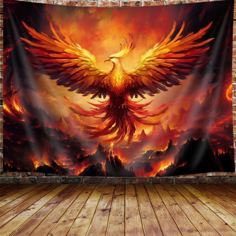 JAWO Fantasy Phoenix Bird Small Tapestry for Men, Red Anime Animal Hippie Tapestry Wall Hanging for Bedroom, Aesthetic Cool Tape