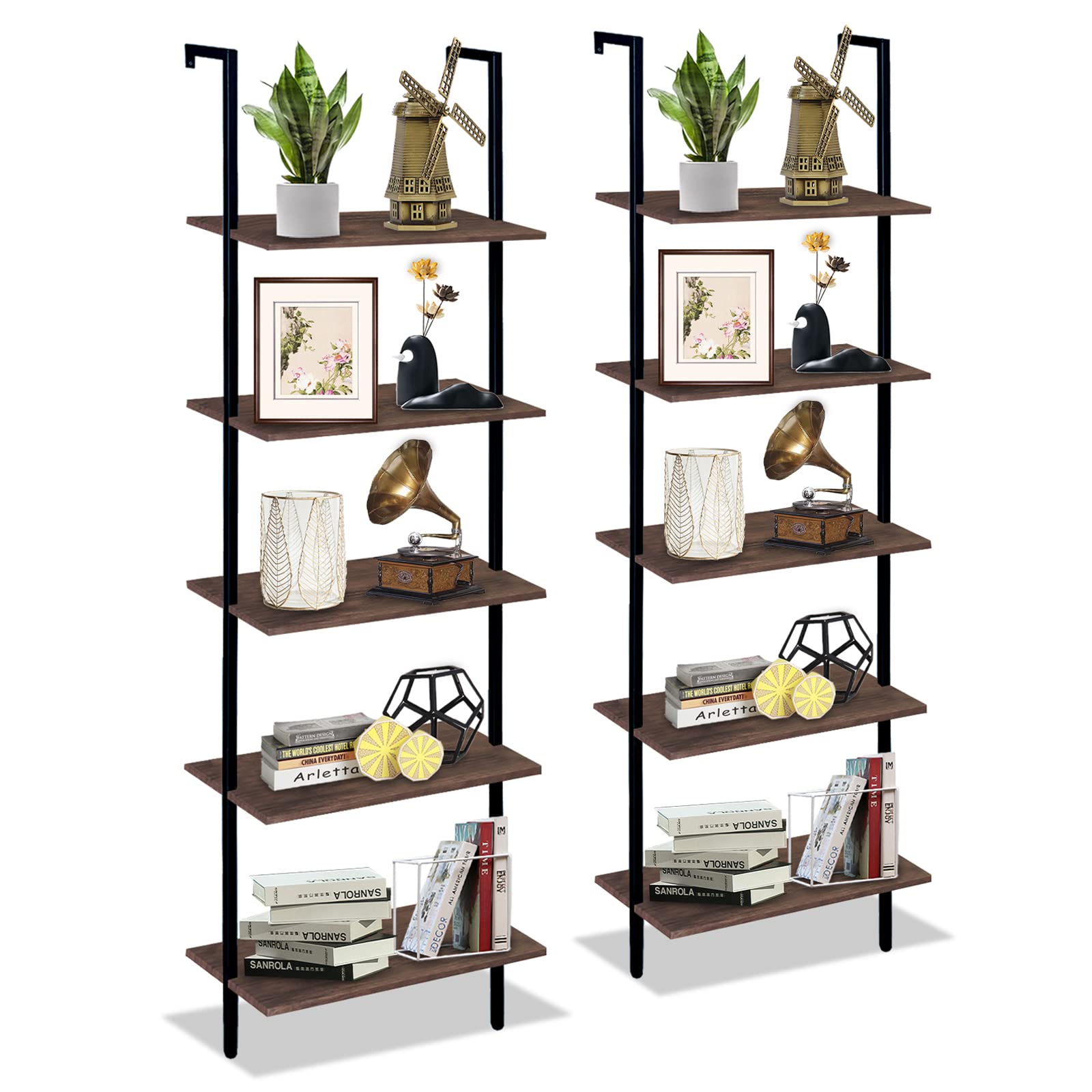 Wolawu 5 Tiers Ladder Shelf 2-Piece Black Modern Tall Bookshelf Open Large Tall Wall Mount Storage Bookcase Standing Leaning Wal