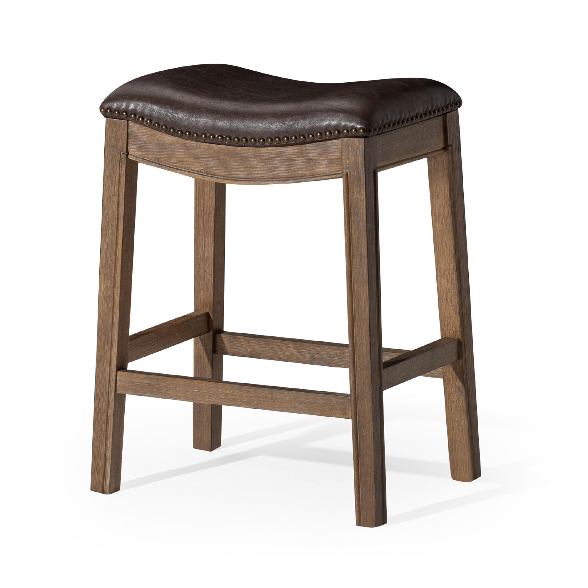 Maven Lane Adrien 26 Inch Counter Height Backless Saddle Barstool in Dark Walnut Finish with Marksman Saddle Vegan Leather Cushi