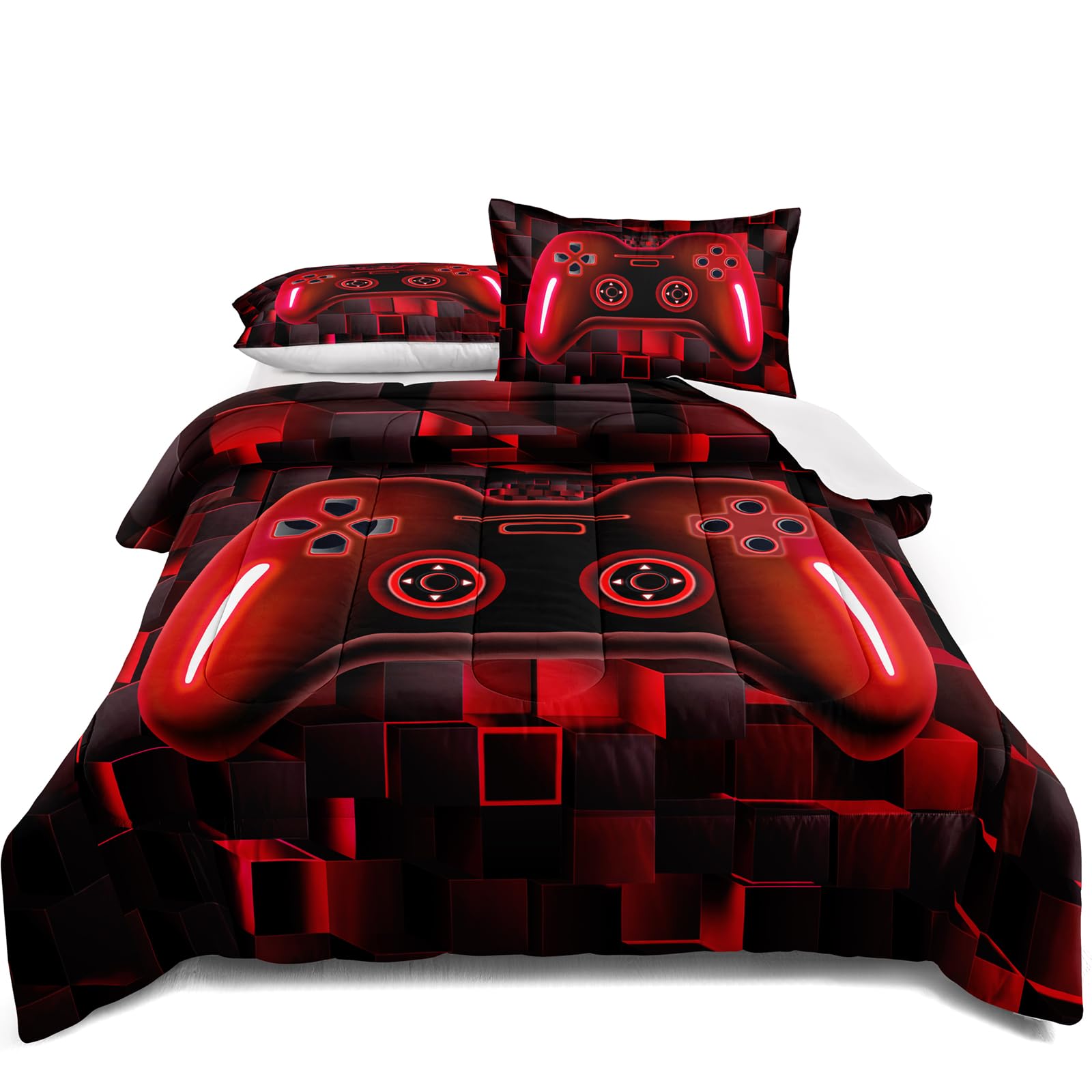 lris Bedding Bed in a Bag Gaming Comforter Set Twin Size for Boys Kids Game Room Vibrant Red Gamer Bedding for Teens Bedroom Gam