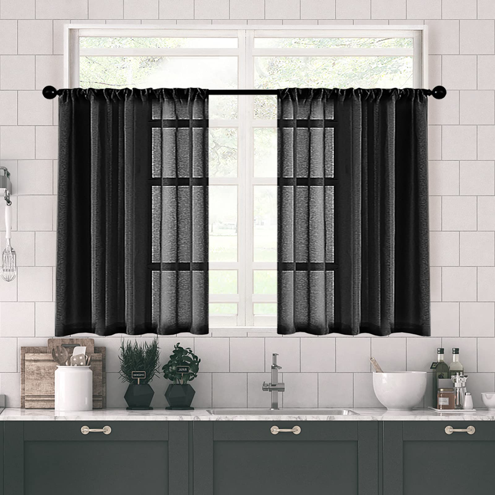 MRTREES Sheer Tier Curtains Black Short Kitchen Curtains Transparent Light Filtering 36 inches Long Half Window Treatments Rod P
