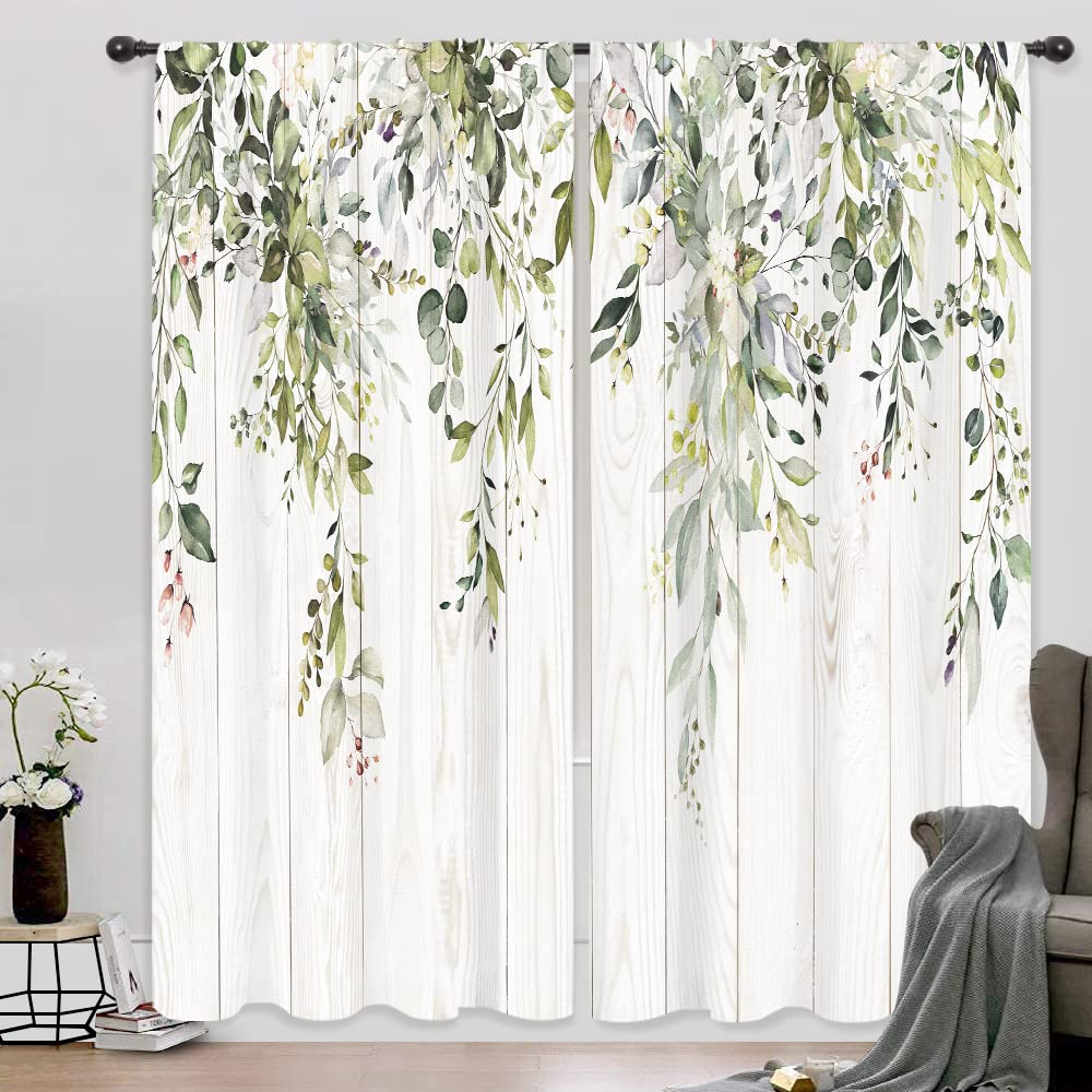 Riyidecor Green Eucalyptus Leaves Curtains Flower Watercolor Floral Spring Botanical Rod Pocket Wooden Wood Plant Farmhouse Cafe