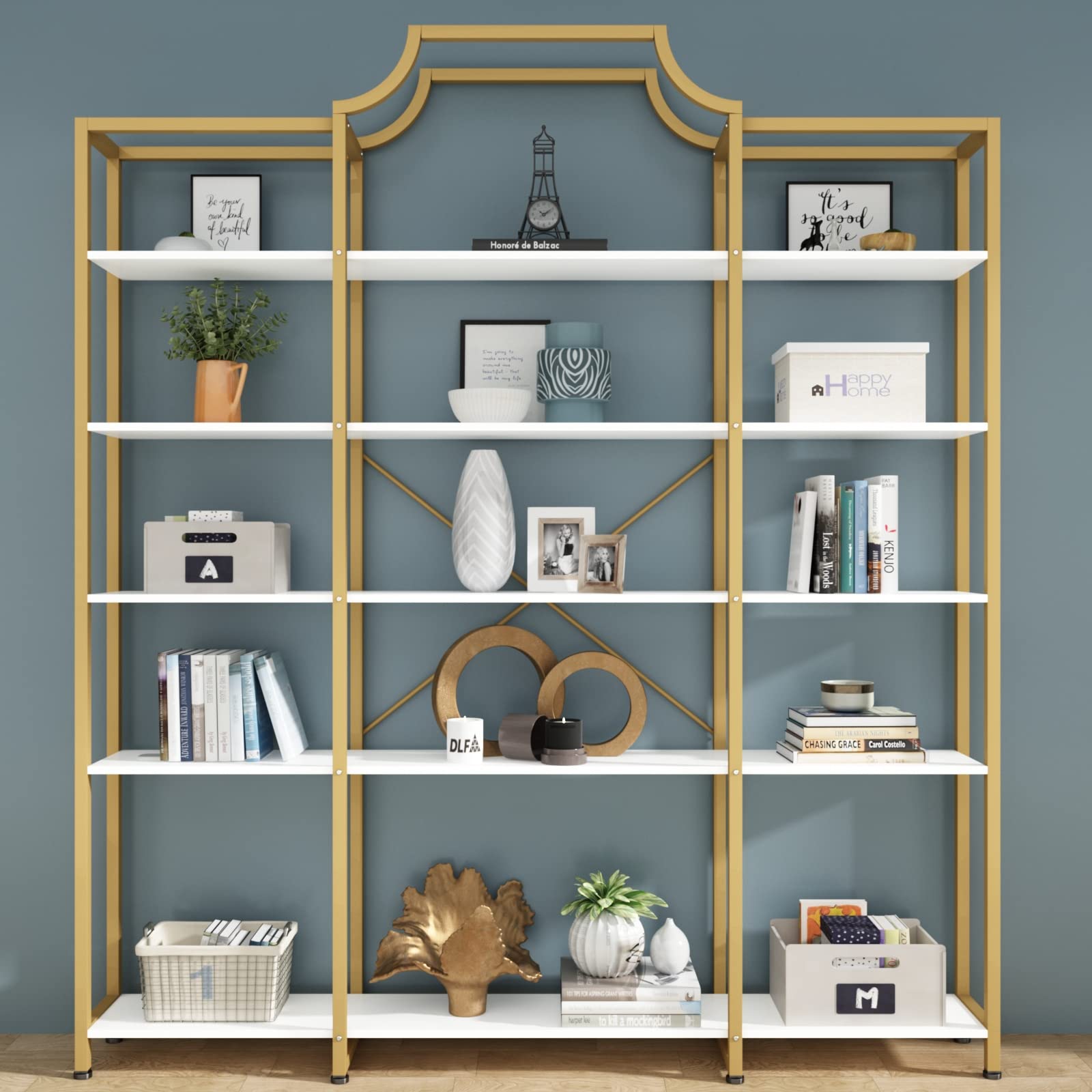 Auromie Triple Wide 5-Tier Bookshelf, 70.87 L x 79.13 H Extra Large Gold Bookcase, Tall Display Shelf with Metal Frame, Freestan