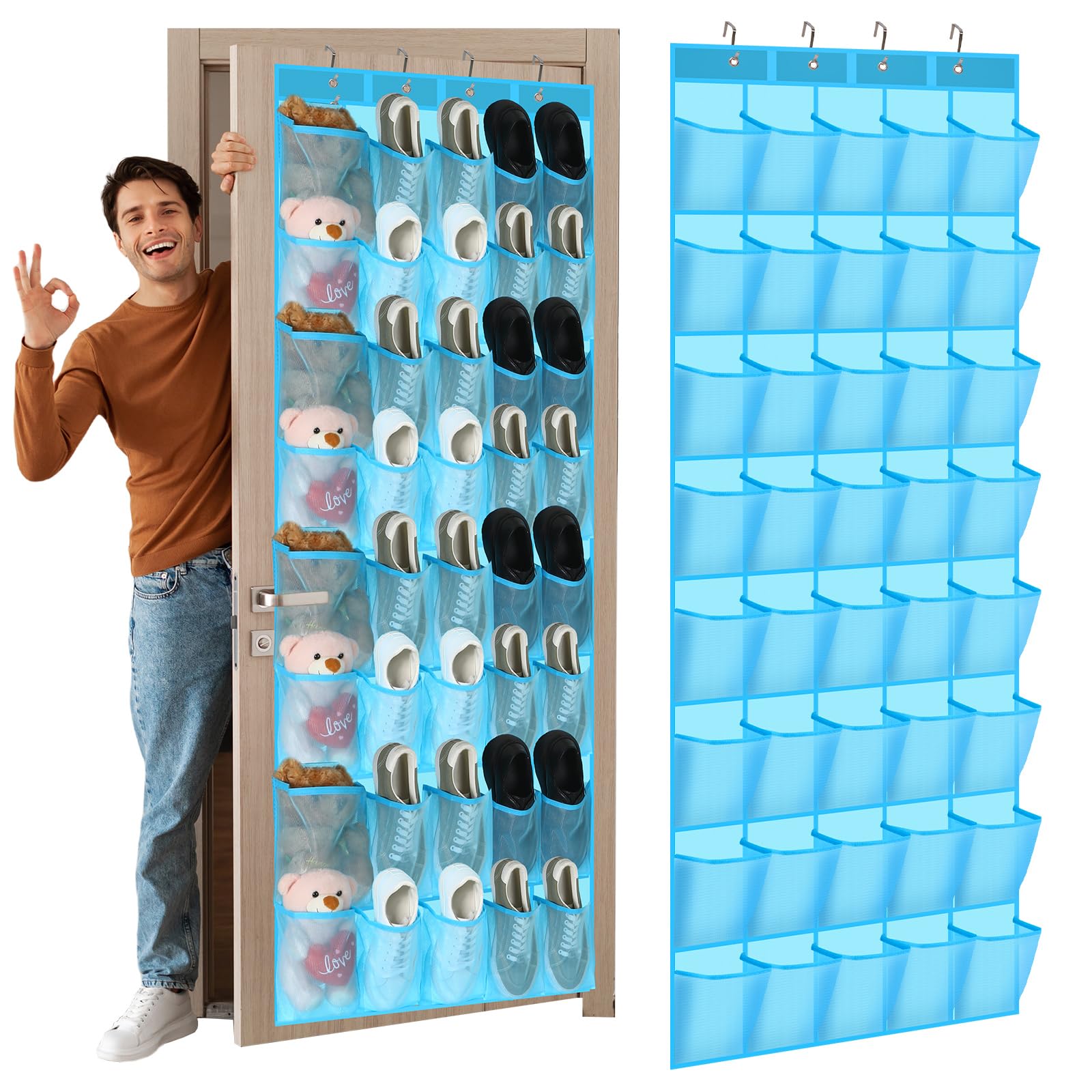 Windyun 40 Large Over the Door Hanging Shoe Organizer Sky Blue Mesh Pockets Shoe Rack for Closet Behind Door Hanger Storage Hold