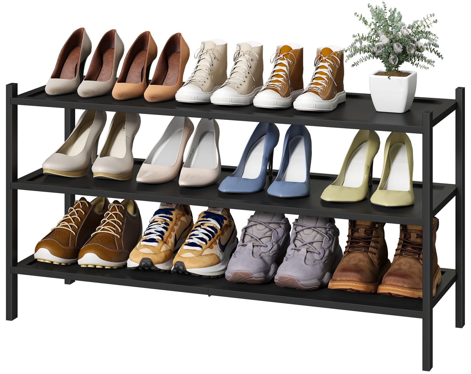 kiplant Black Long Shoe Rack, 3-Tier Bamboo Wood Shoe Rack for Entryway, Stackable | Foldable | Natural, Shoe Organizer for Hall