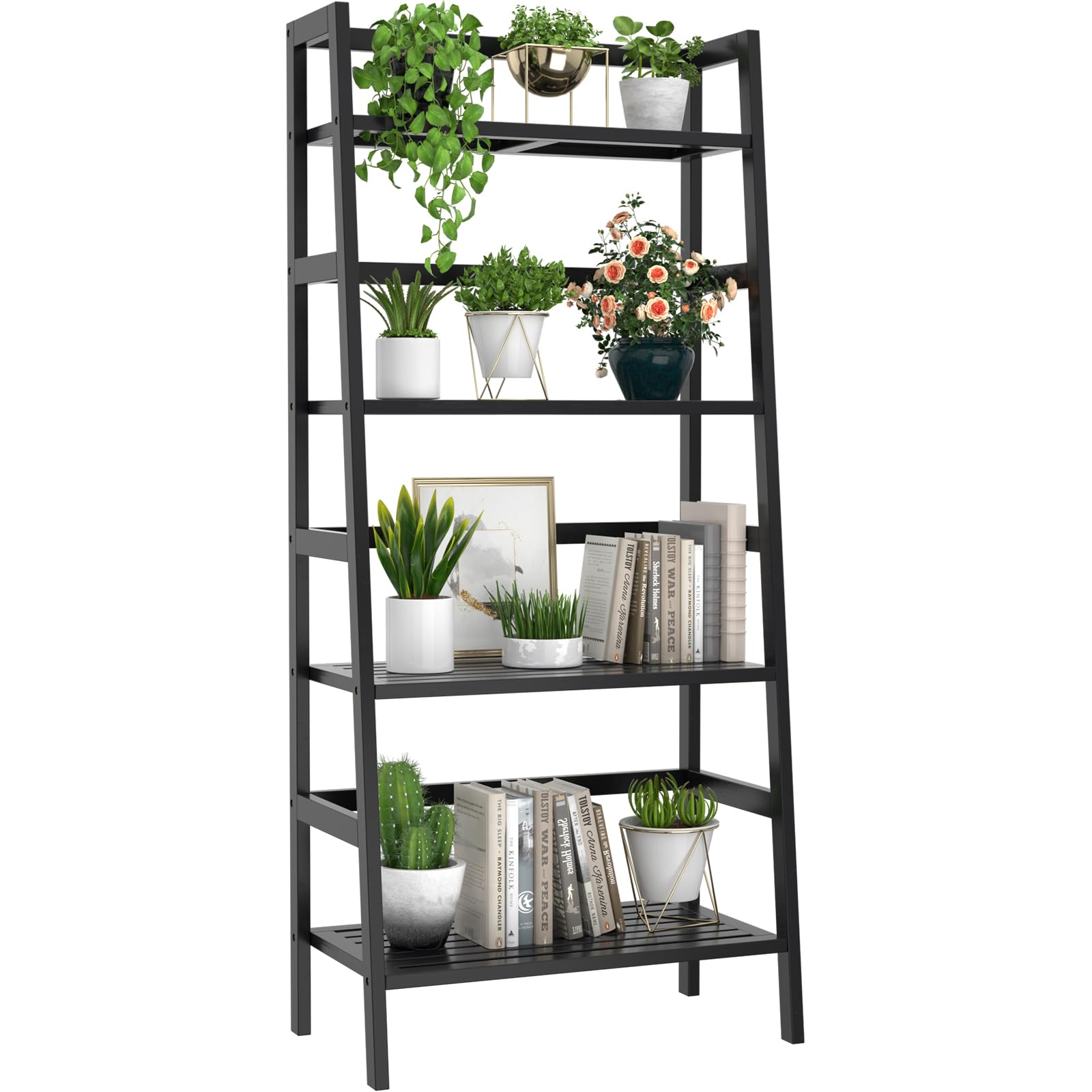 Homykic Bamboo Bookshelf 4-Tier Ladder Shelf, 49.2    Freestanding Open Bookcase Book Shelf Bathroom Storage Shelf Unit Plant St