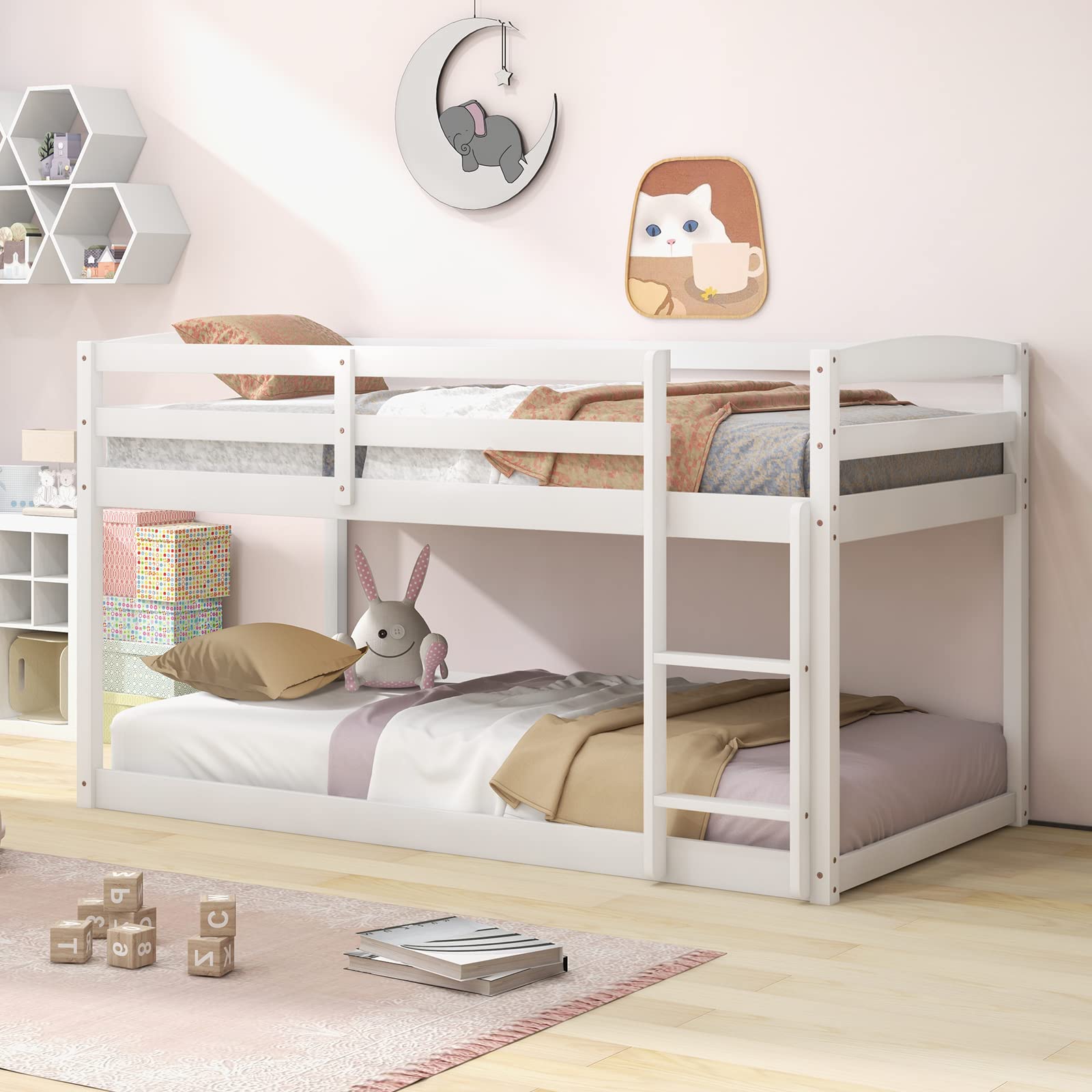 Giantex Twin Low Bunk Bed, Solid Wood Twin Over Twin Bunk Bed Frame with Full Guardrails & Integrated Ladder, Floor Twin Bunk Be