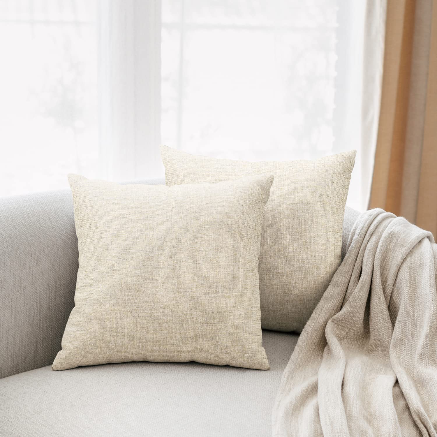 All Smiles Throw Pillow Covers 18x18 Set of 2 Beige Linen Neutral Decorative Farmhouse D  cor Burlap Accent Euro Sham Cushion Ca