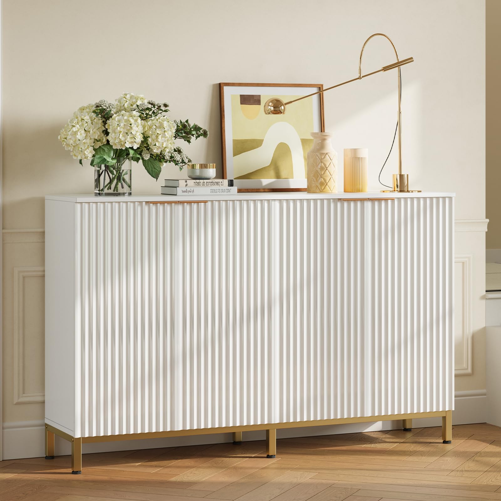 Bestier Fluted Buffet Sideboard Cabinet with Power Outlet, 55 Inch Storage Cabinet with 4 Doors & Adjustable Shelves for Kitchen