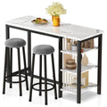 AWQM Bar Table Set with Storage Shelves, 47 Modern White Faux Marble Breakfast Table with 2 Velvet Stools, 3-Piece Dining Set fo