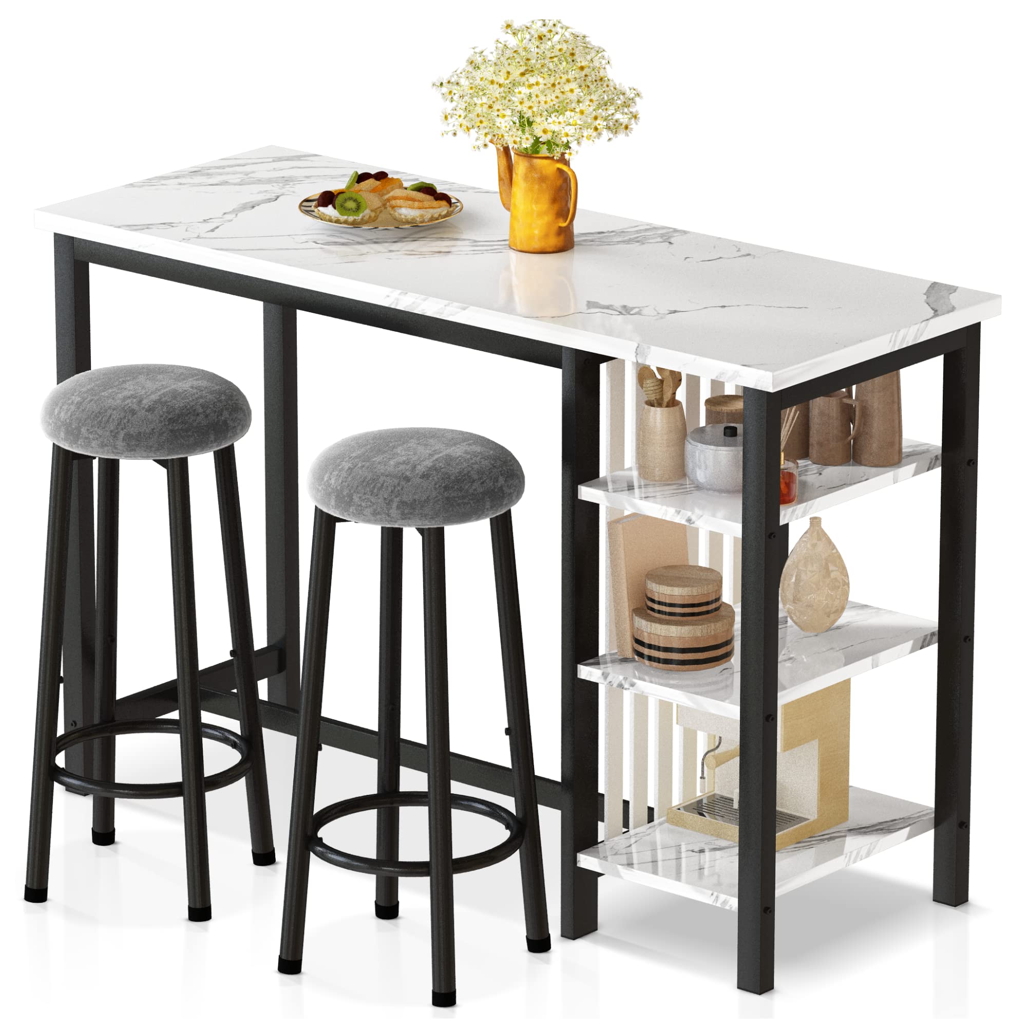 AWQM Bar Table Set with Storage Shelves, 47 Modern White Faux Marble Breakfast Table with 2 Velvet Stools, 3-Piece Dining Set fo