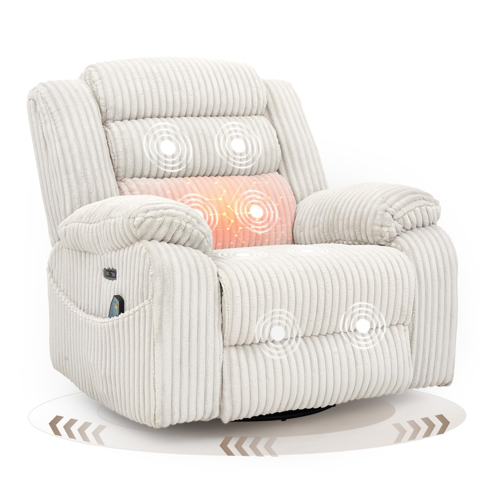 SINCRUMI Power Swivel Rocker Recliner Chair for Adults with Massage and Heat, USB and Type-C Charging Port, Infinite Position, E