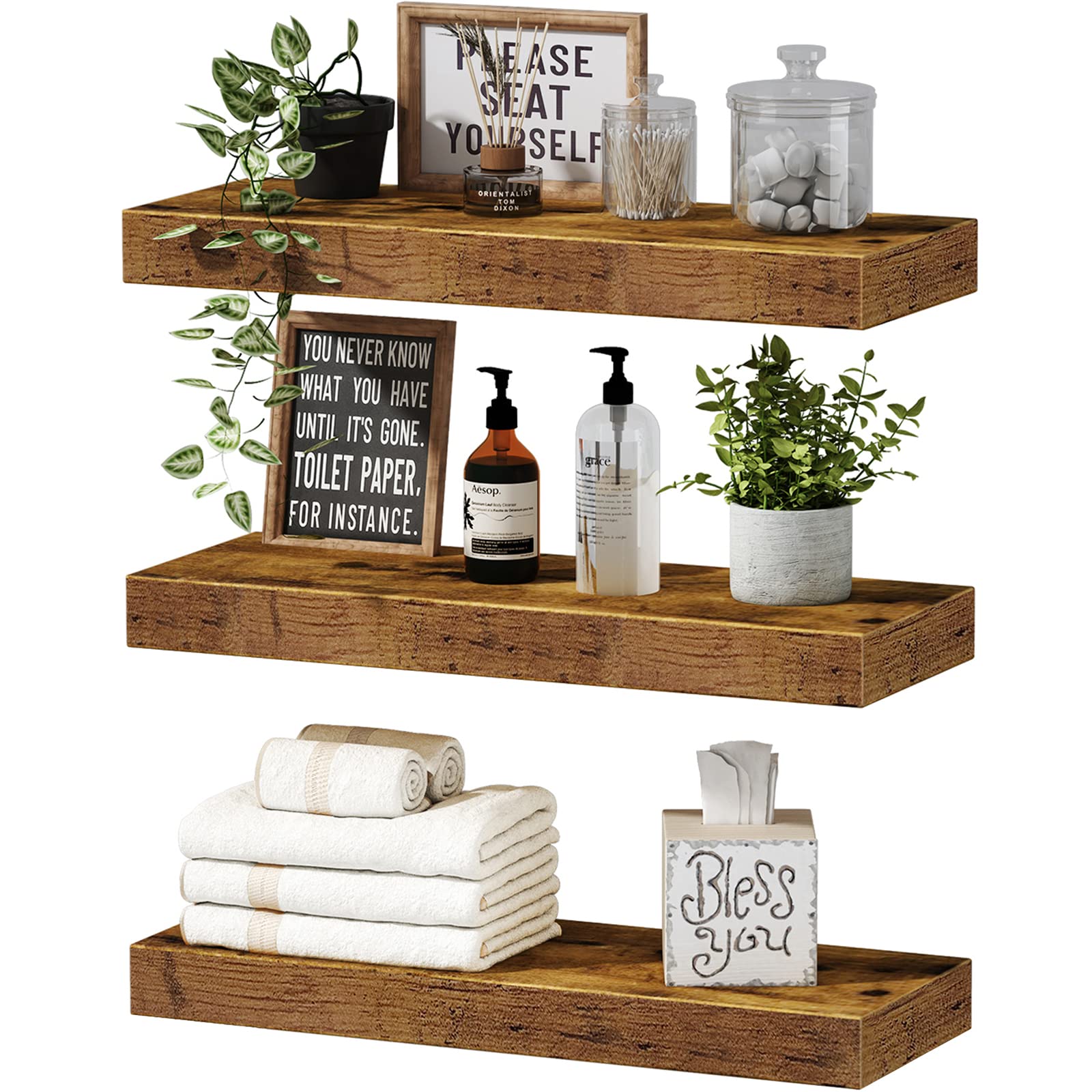 QEEIG Floating Shelves for Wall Bathroom Shelf Bedroom Kitchen Farmhouse Small Book Shelf 16 inch Set of 3, Rustic Brown (015-BN