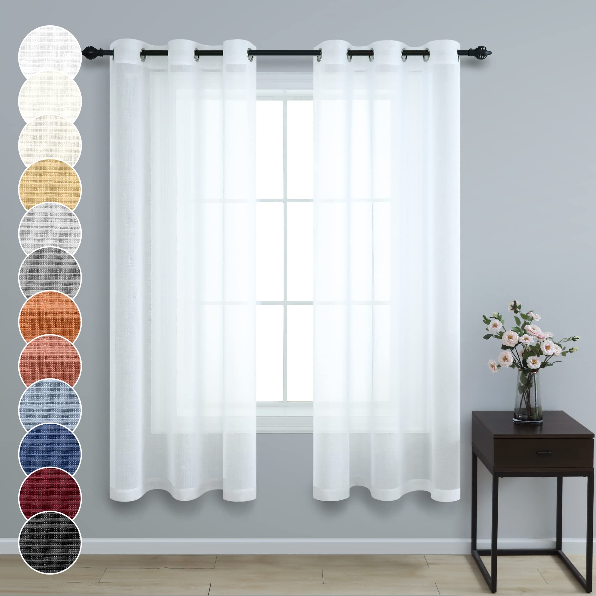 Pitalk White Curtains 38 Inch Wide for Small Windows 2 Panel Set Pair Grommet Sheer Linen Look Farmhouse Small Mini Window Treat