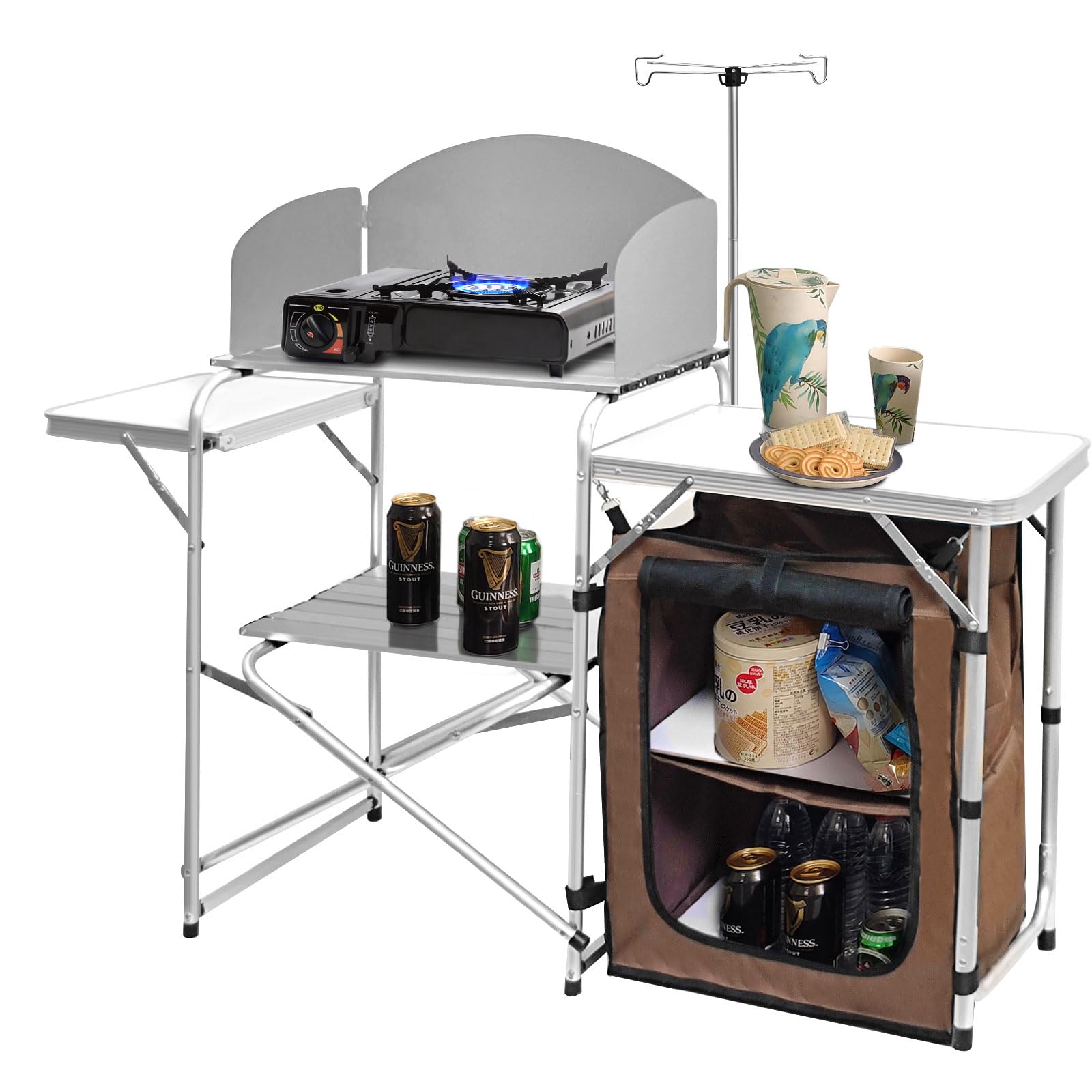 CampLand Folding Cooking Table Outdoor Portable Cook Station Aluminum Camping Kitchen with Storage Organizer, Windscreen, Hooks 