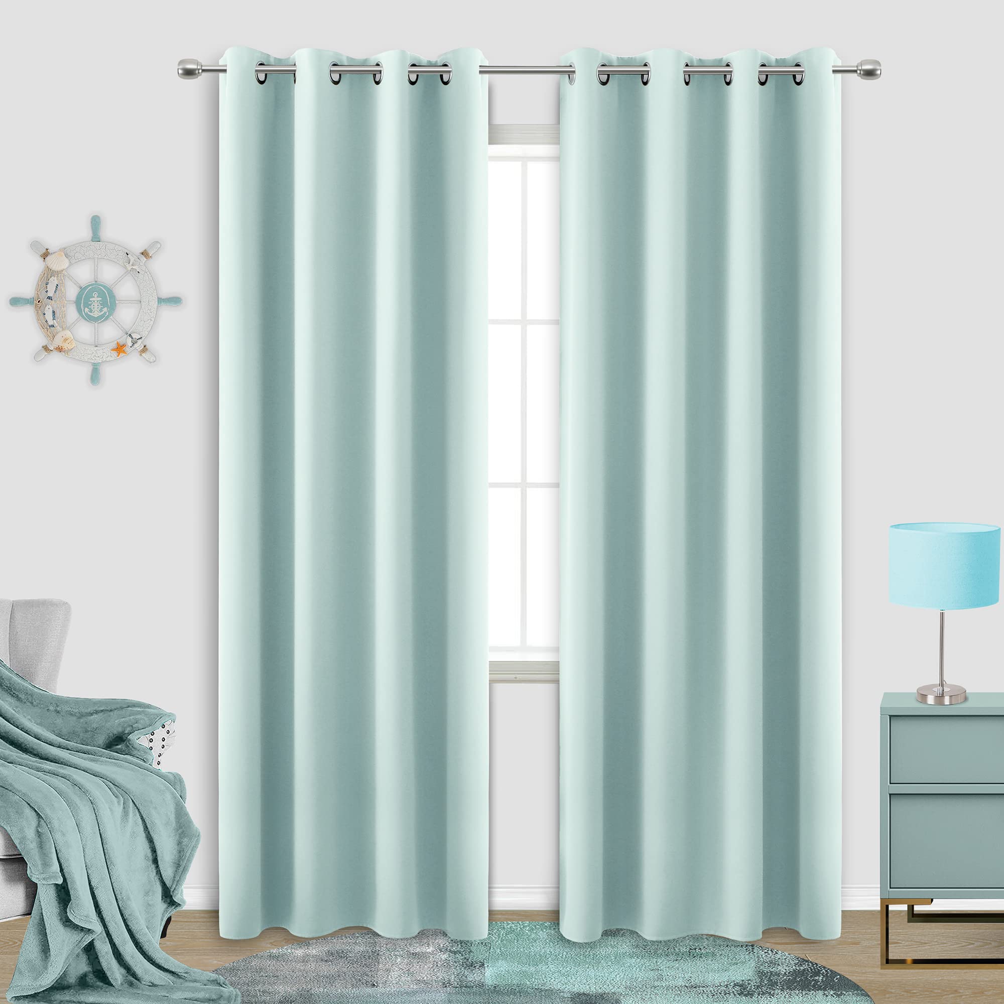 Aqua Blackout curtains for Summer Beach Room Decor,Ocean Theme 2 Panels grommet Long Room Darkening coastal Decor curtains for L