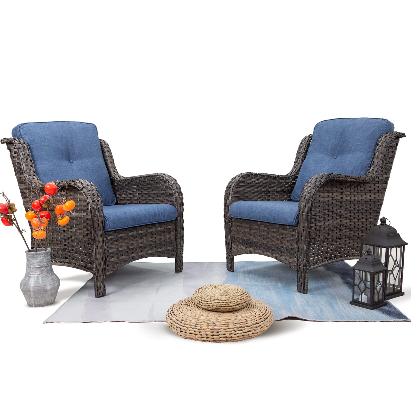 Gardenbee Patio Wicker Chairs Set of 2, Patio Rattan Dining Chairs with 3.5-inch Seat Cushions, High Back and Curved Armrest for