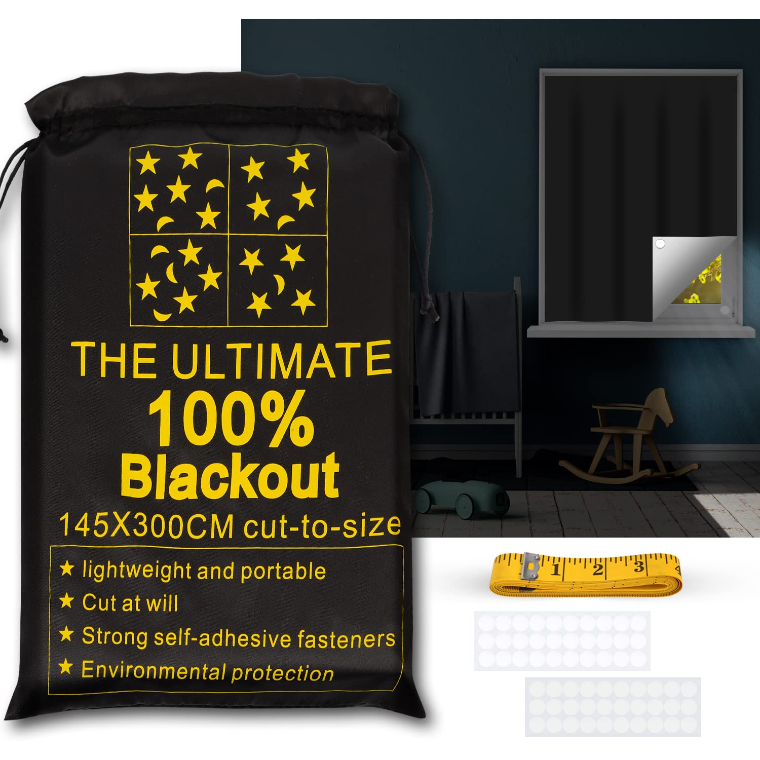 RUseeN Portable Blackout Shades (118 x 57) 100% Blackout Material Temporary Blackout Blinds / Curtains for Baby Nursery, Bedroom