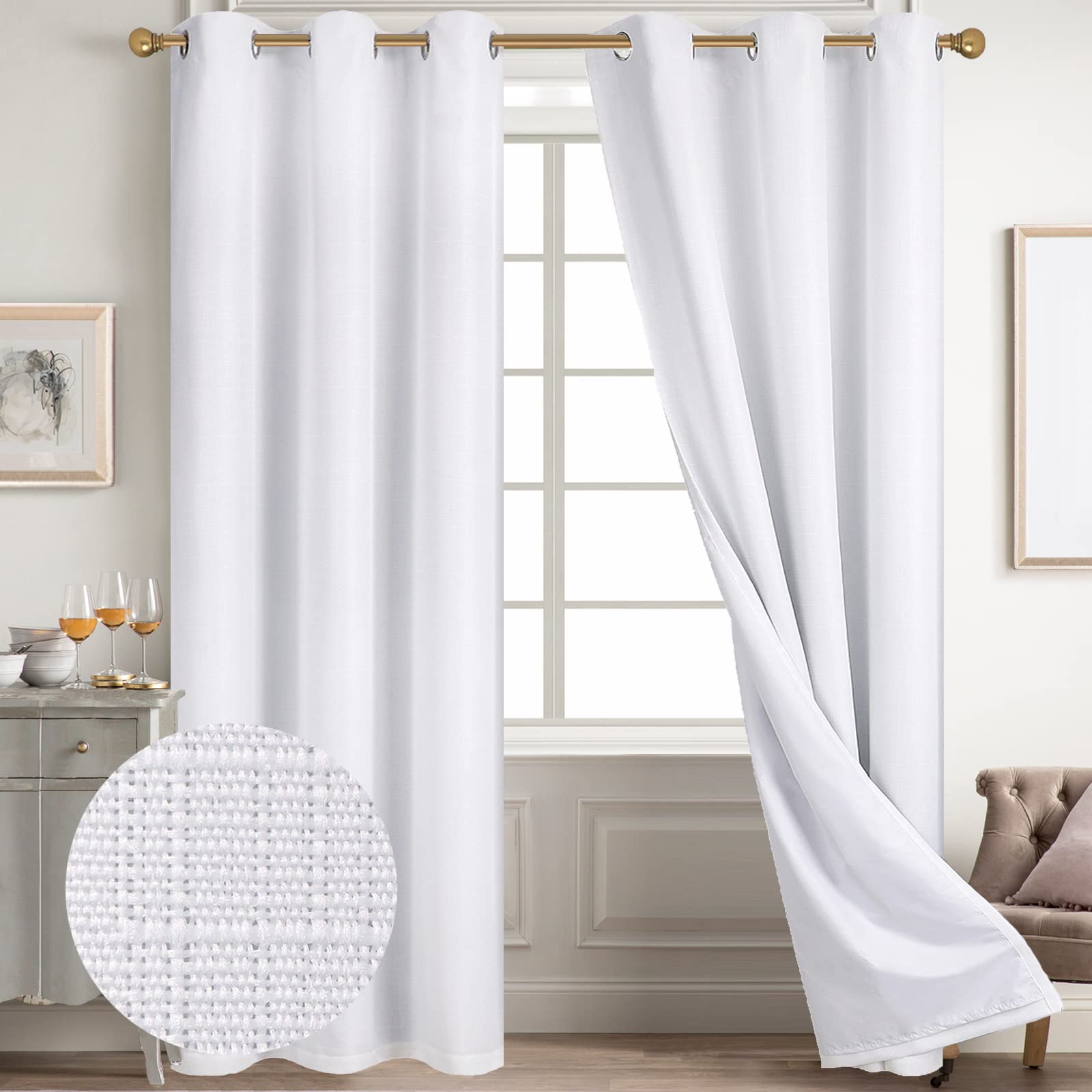 Diraysid 100% Blackout Curtains White Linen Curtains for Bedroom Grommet Thermal Insulated Room Darkening Drapes (2 Panels, W38 