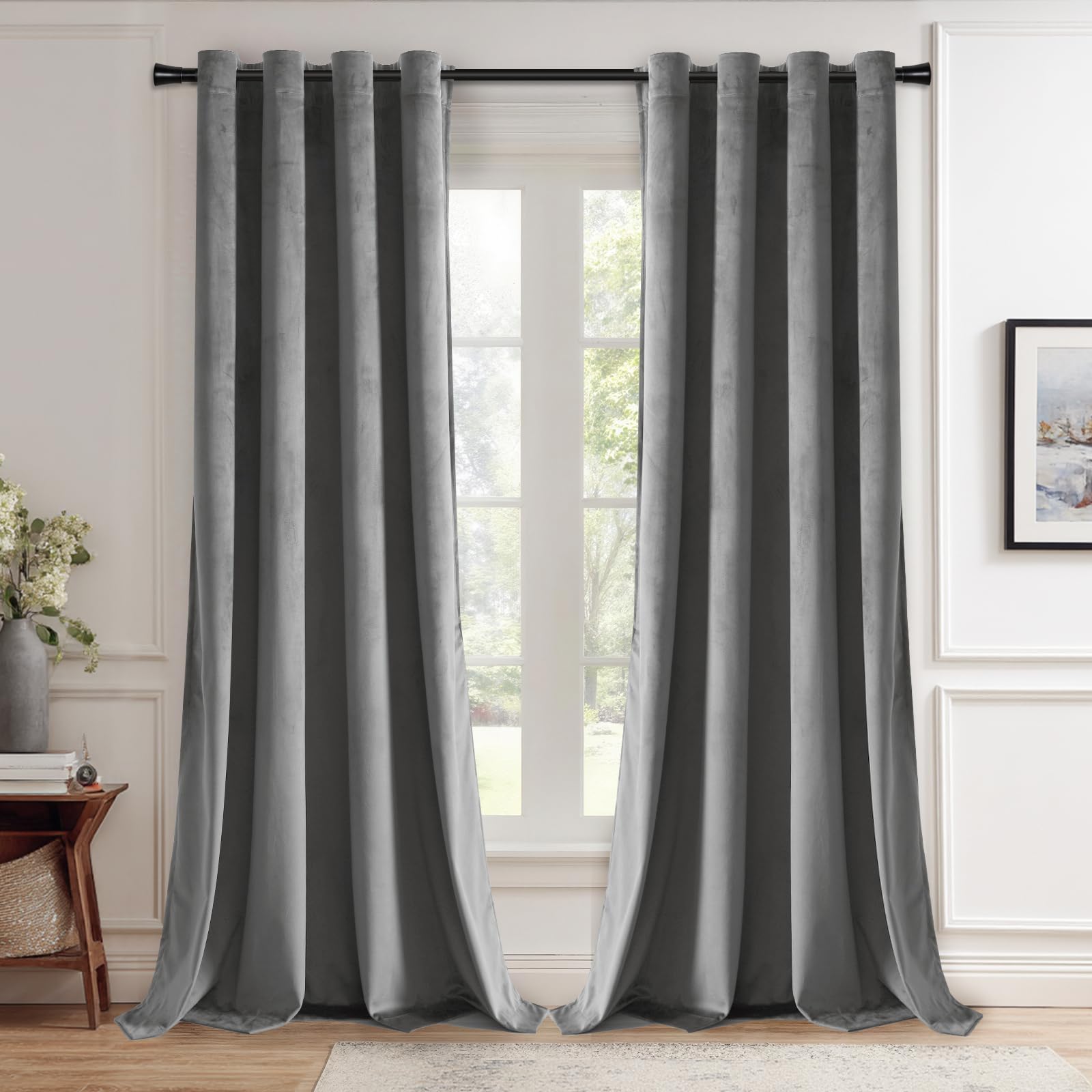 JIUZHEN Grey Velvet Curtains for Living Room -108 inches Long Thermal Insualted Room Darkening Window Drapes for Bedroom, Set of