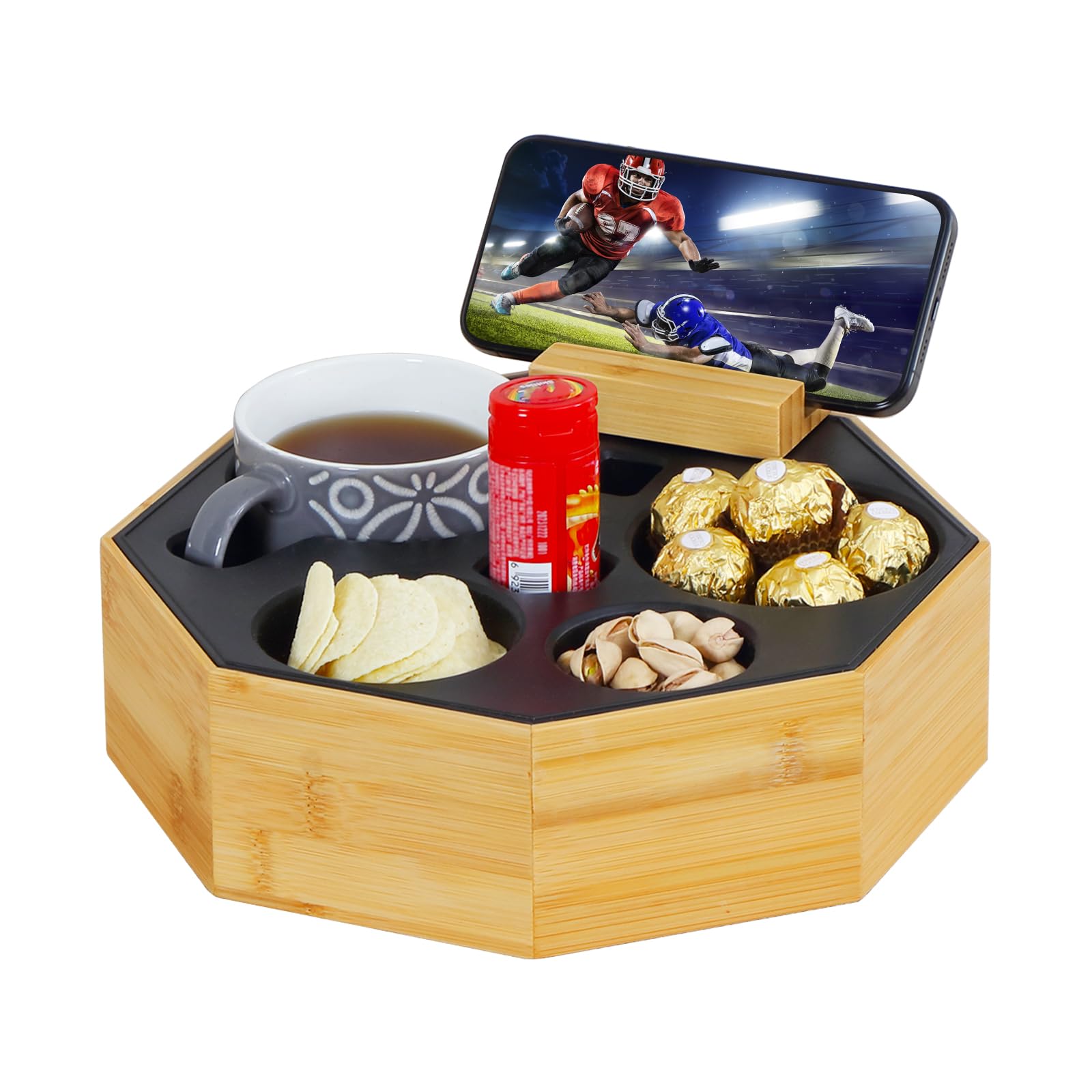 Couch Cup Holder Tray, Hitseon Octagonal Silicone Bamboo Sofa Cup Holder with Rotatable Phone Holder for Bed Car Seat Organizer,